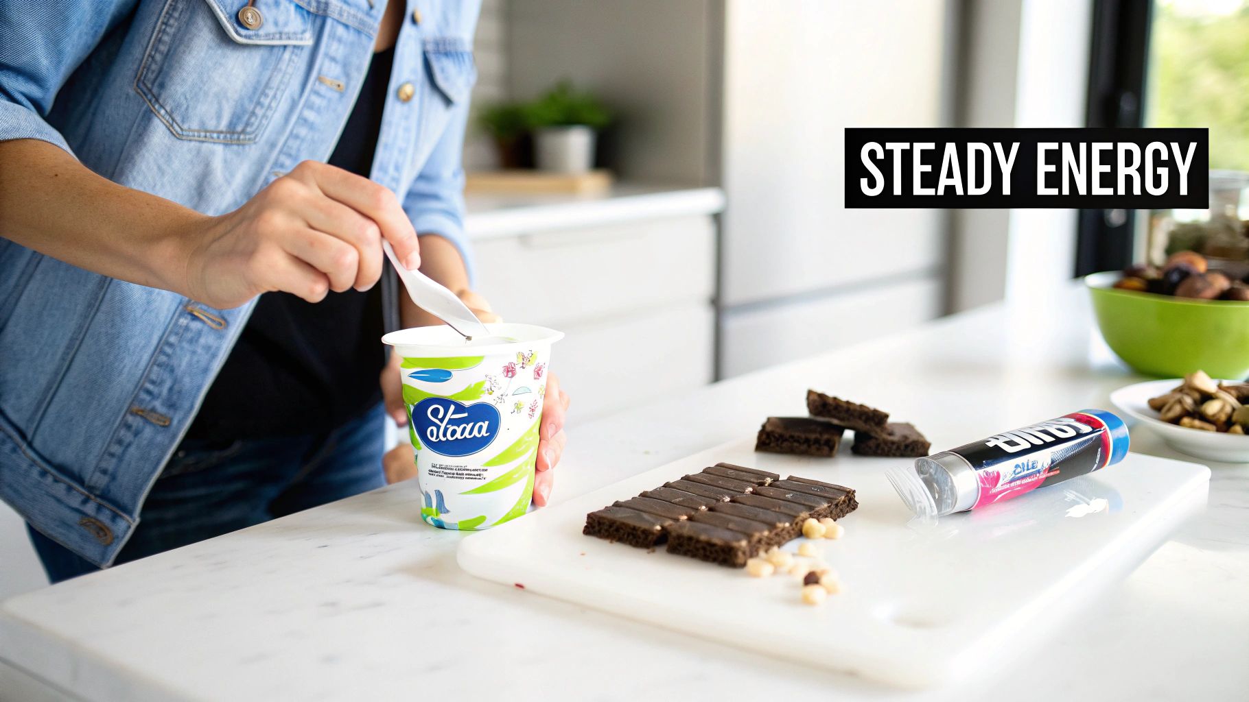 A person in a denim jacket eats yogurt with a spoon, next to chocolate bars, nuts, and an energy drink.