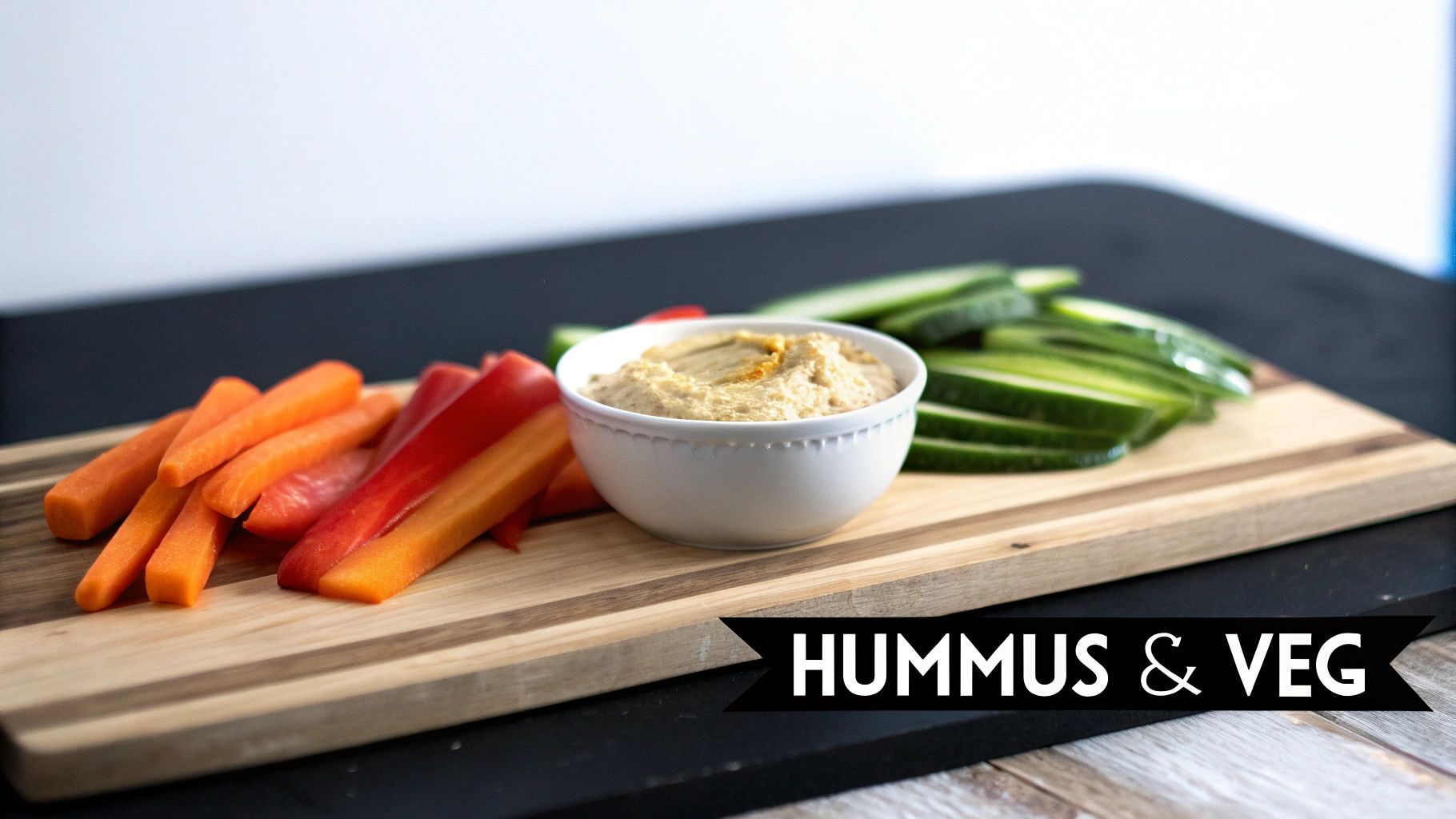 A vibrant image showing a bowl of hummus surrounded by fresh carrot sticks, red bell pepper slices, and cucumber slices on a wooden board.