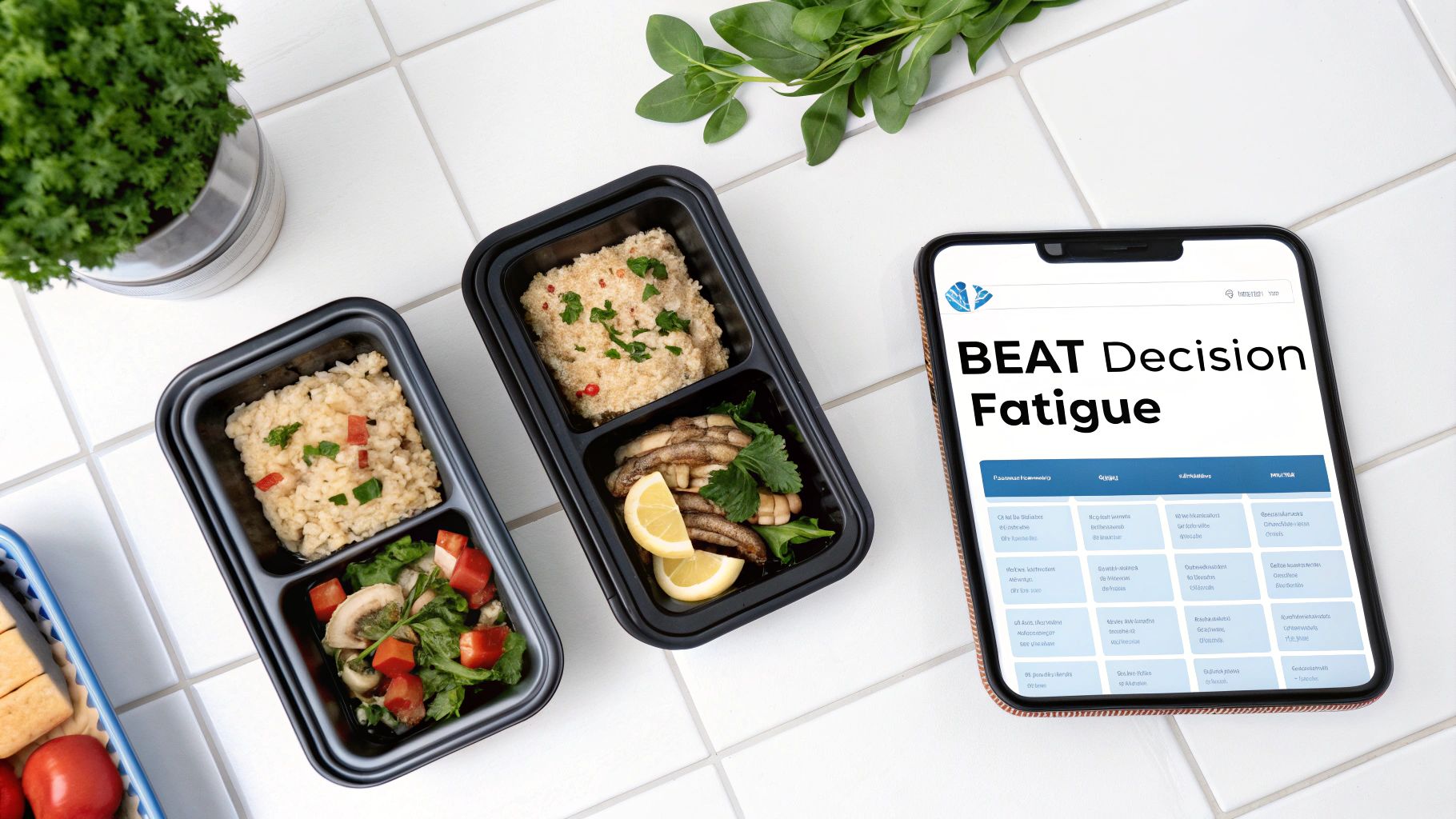 Two meal prep containers with healthy food and a smartphone showing 'BEAT Decision Fatigue' on white tiles.