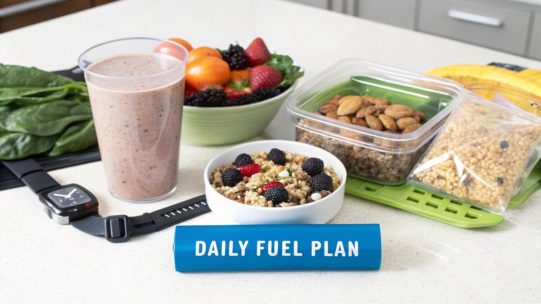 Healthy plant-based meal prep laid out, featuring a smoothie, fruits, nuts, granola, and a 'Daily Fuel Plan' banner.