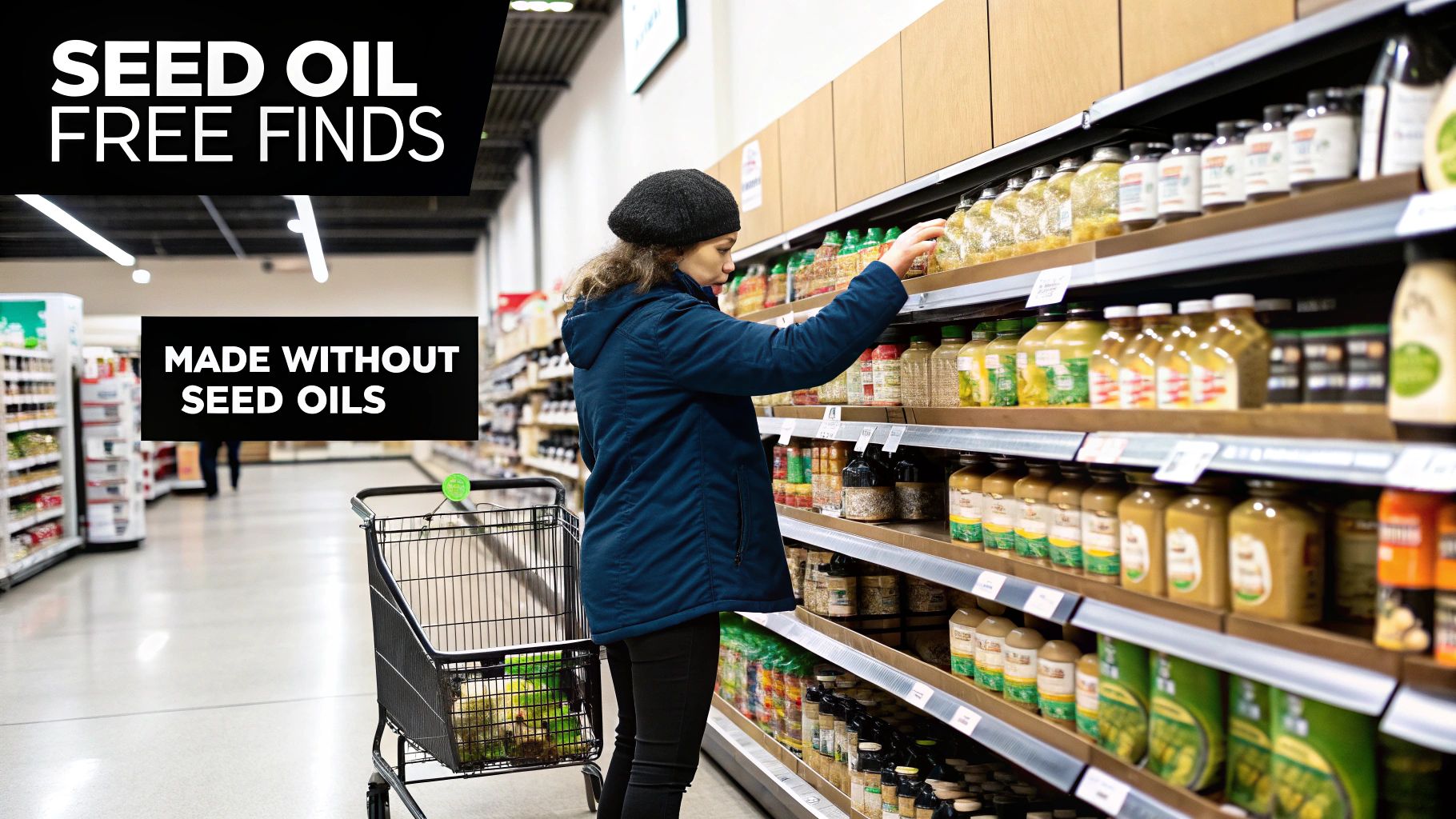 A woman shops for seed oil free products in a well-lit grocery store aisle.