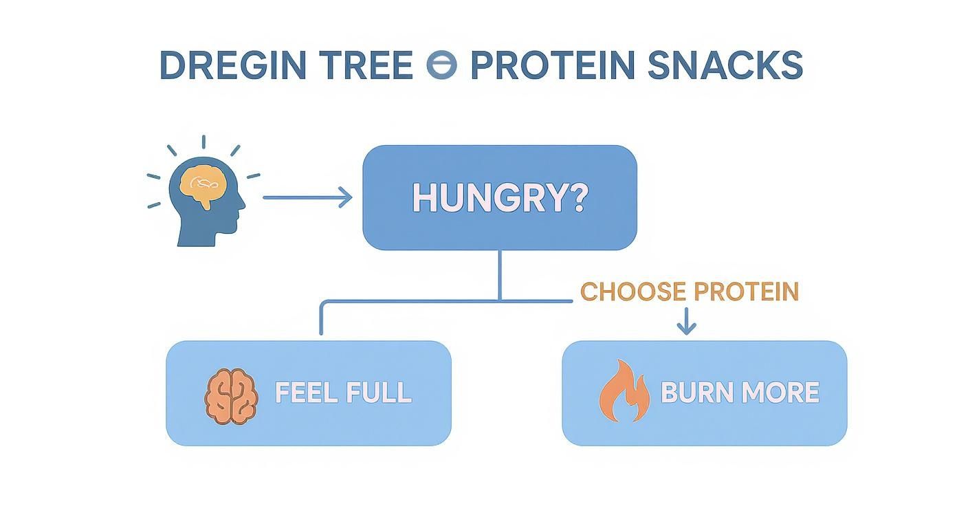 Flowchart showing how protein snacks can help manage hunger, leading to feeling full and burning more.