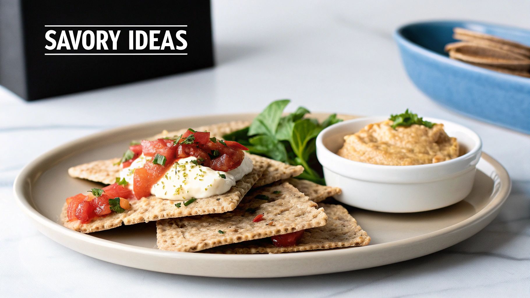 A plate of gluten-free crackers topped with fresh bruschetta and creamy hummus, perfect savory snacks.