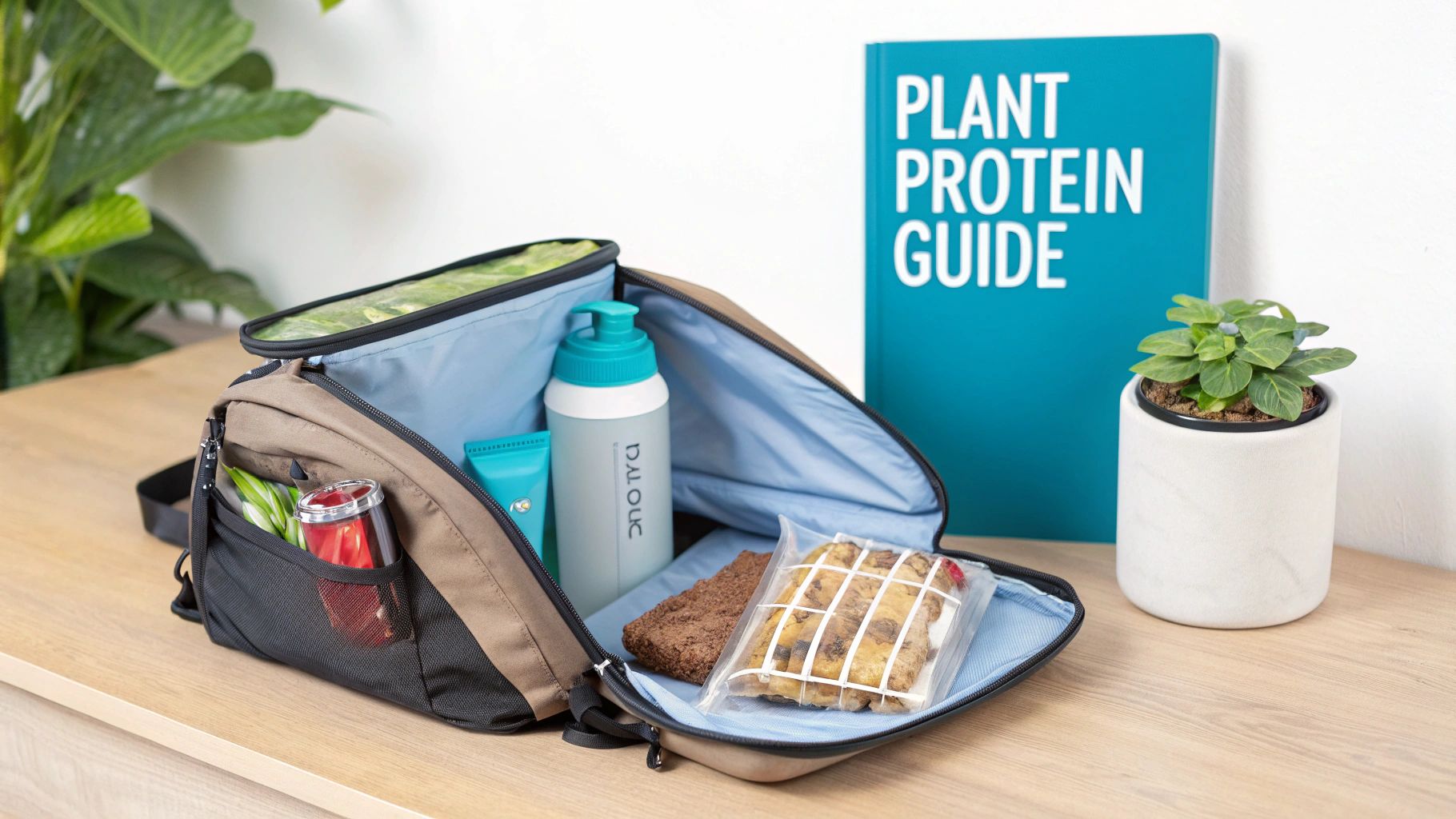 An open lunch bag filled with healthy snacks and a water bottle, next to a 'Plant Protein Guide' book.