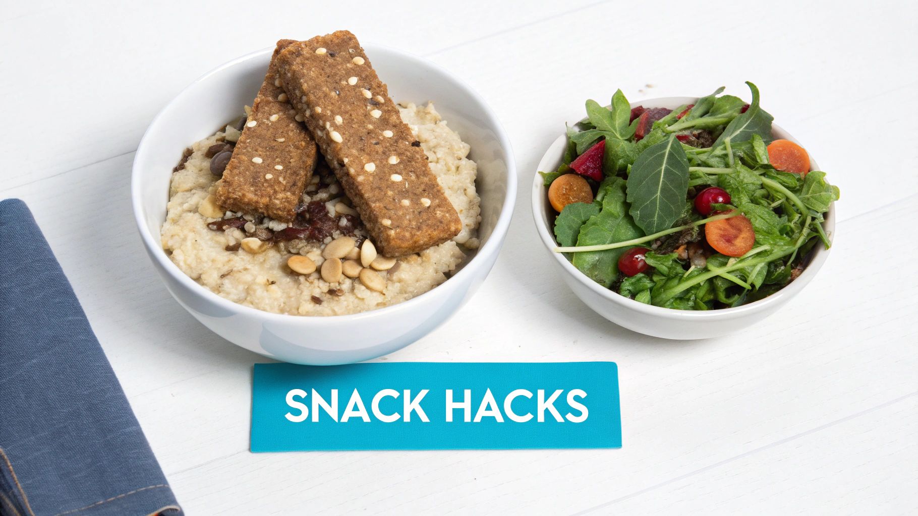 Two bowls of healthy snacks, featuring oatmeal with protein bars and a fresh green salad, next to a 'SNACK HACKS' sign.
