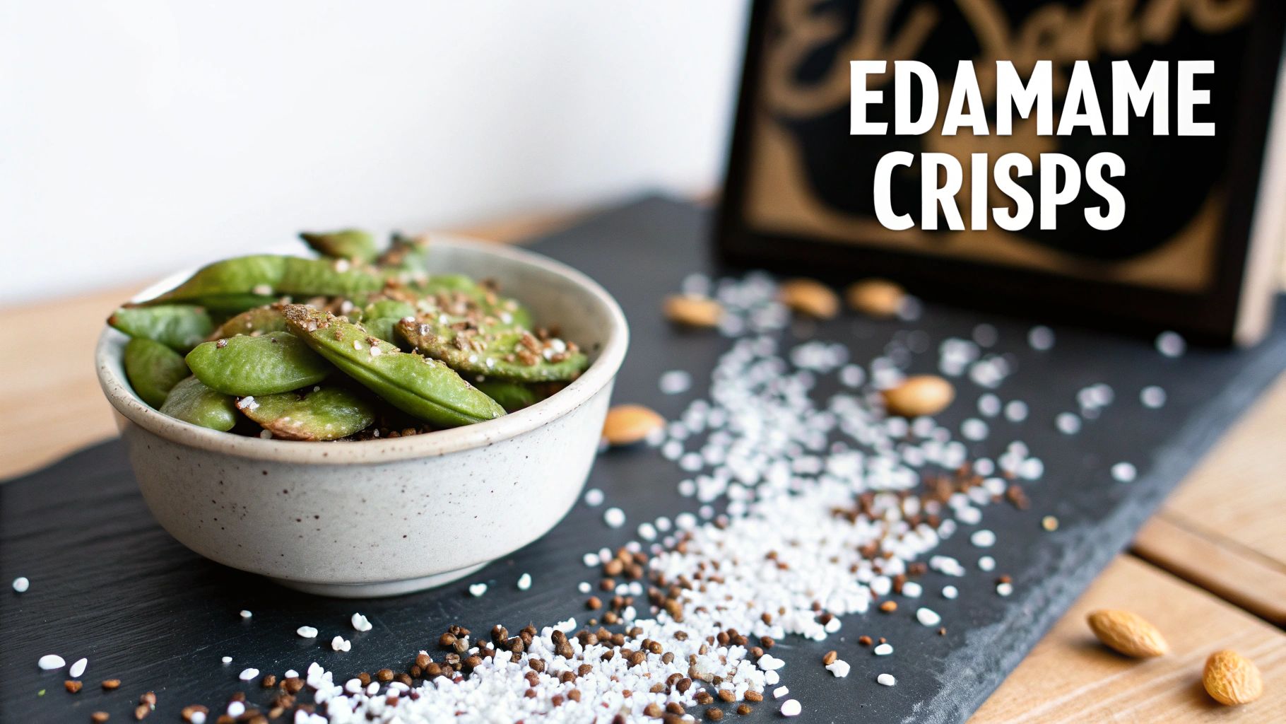 A ceramic bowl filled with green edamame crisps seasoned with salt and spices on a dark slate board.
