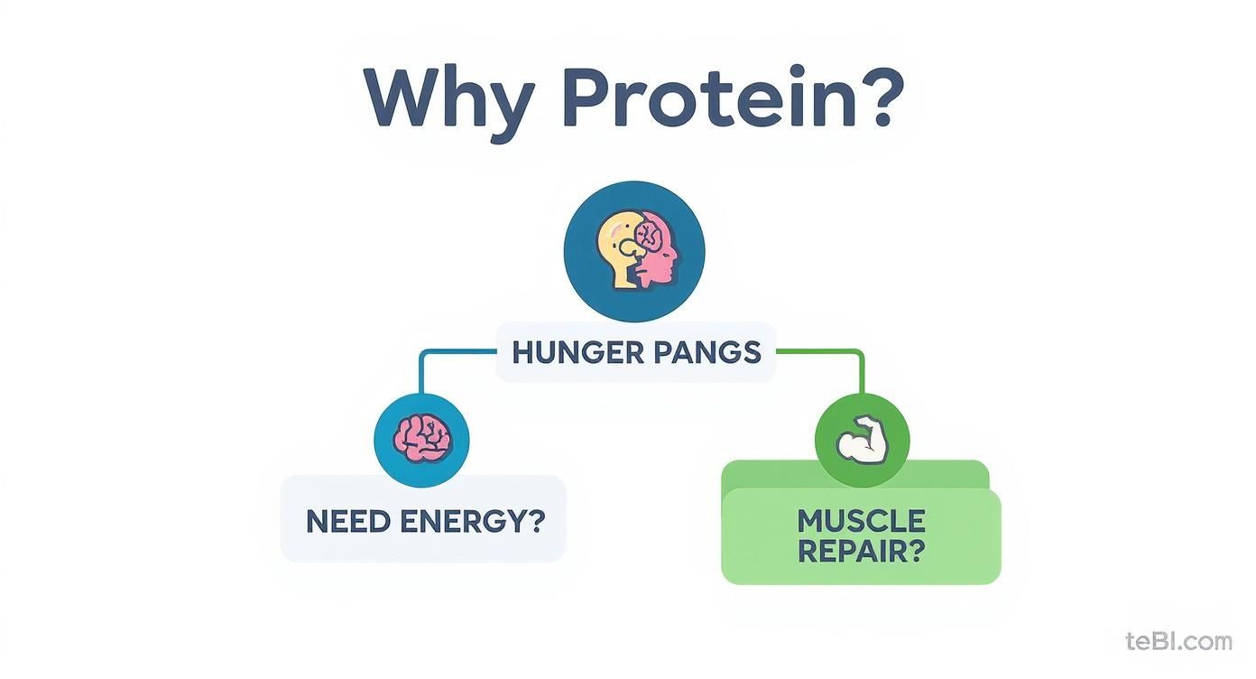 Infographic decision tree explaining the benefits of protein for energy and muscle repair.