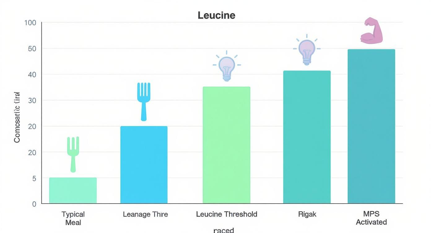 Bar chart comparing Leucine levels for various scenarios, from Typical Meal to MPS Activated.