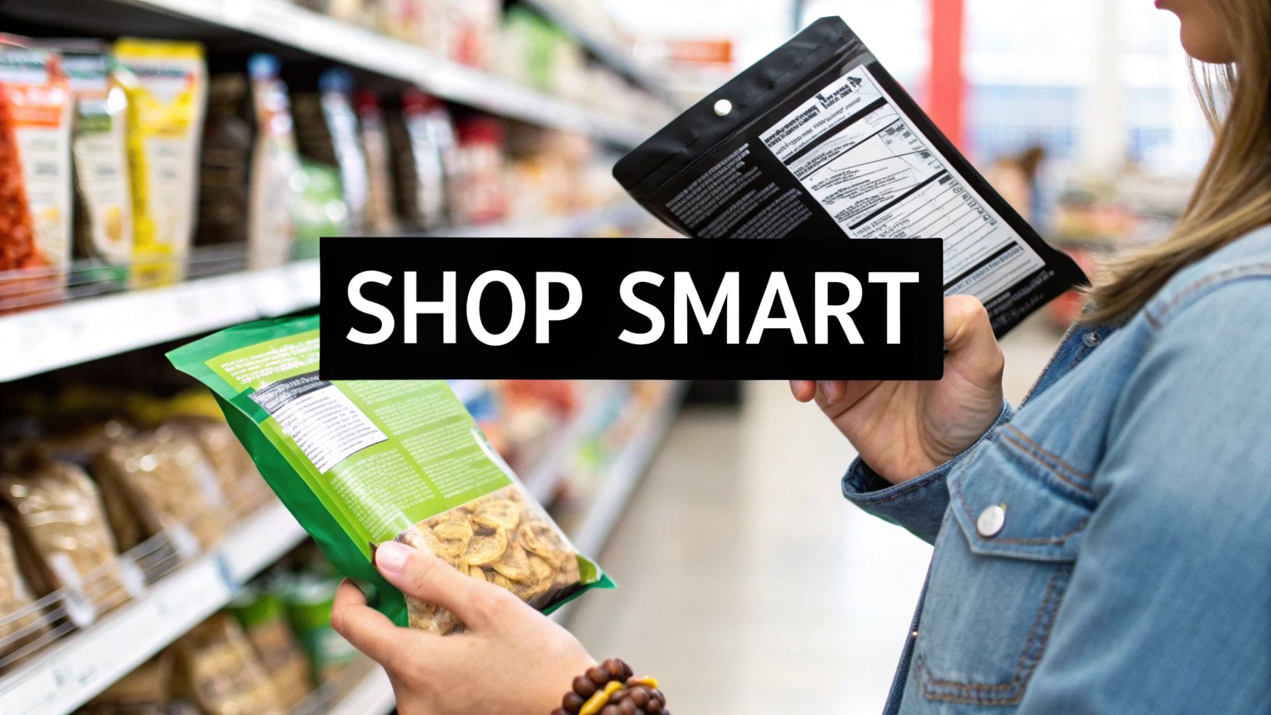 A person in a grocery store comparing two snack packages, reading nutritional labels to shop smart.