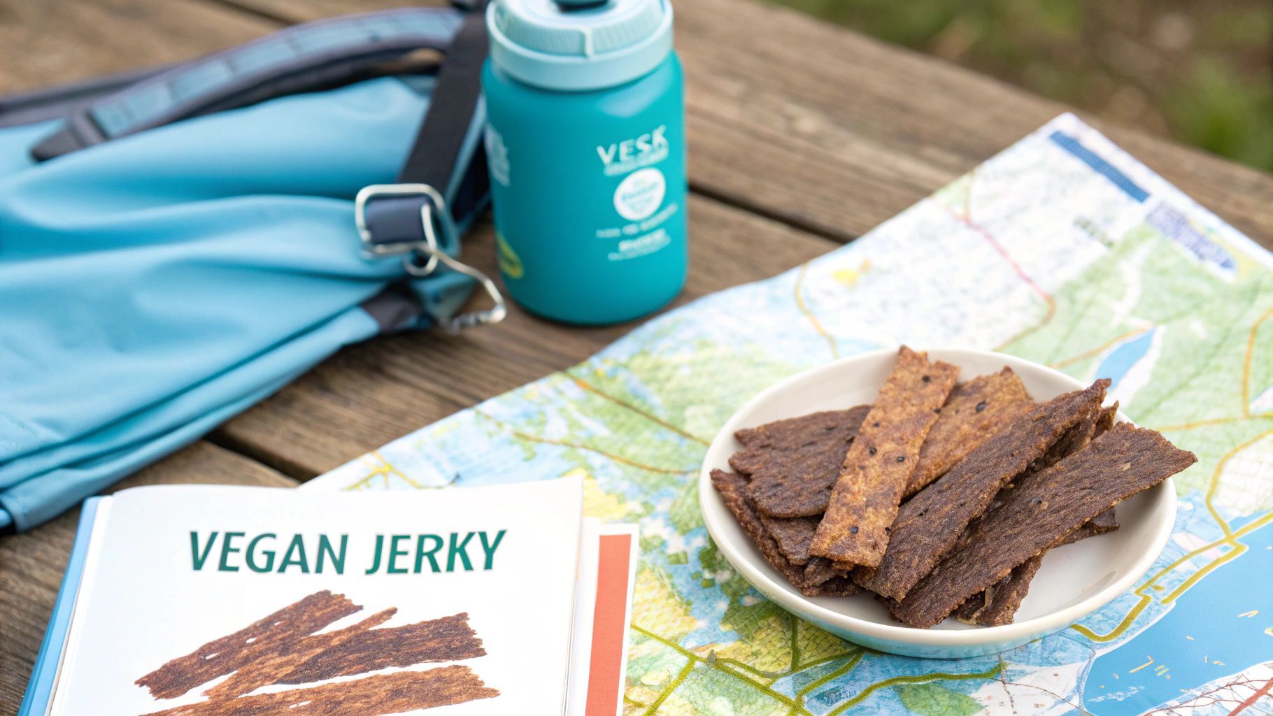 A bowl of vegan jerky, a 'Vegan Jerky' book, water bottle, backpack, and map on a wooden table.