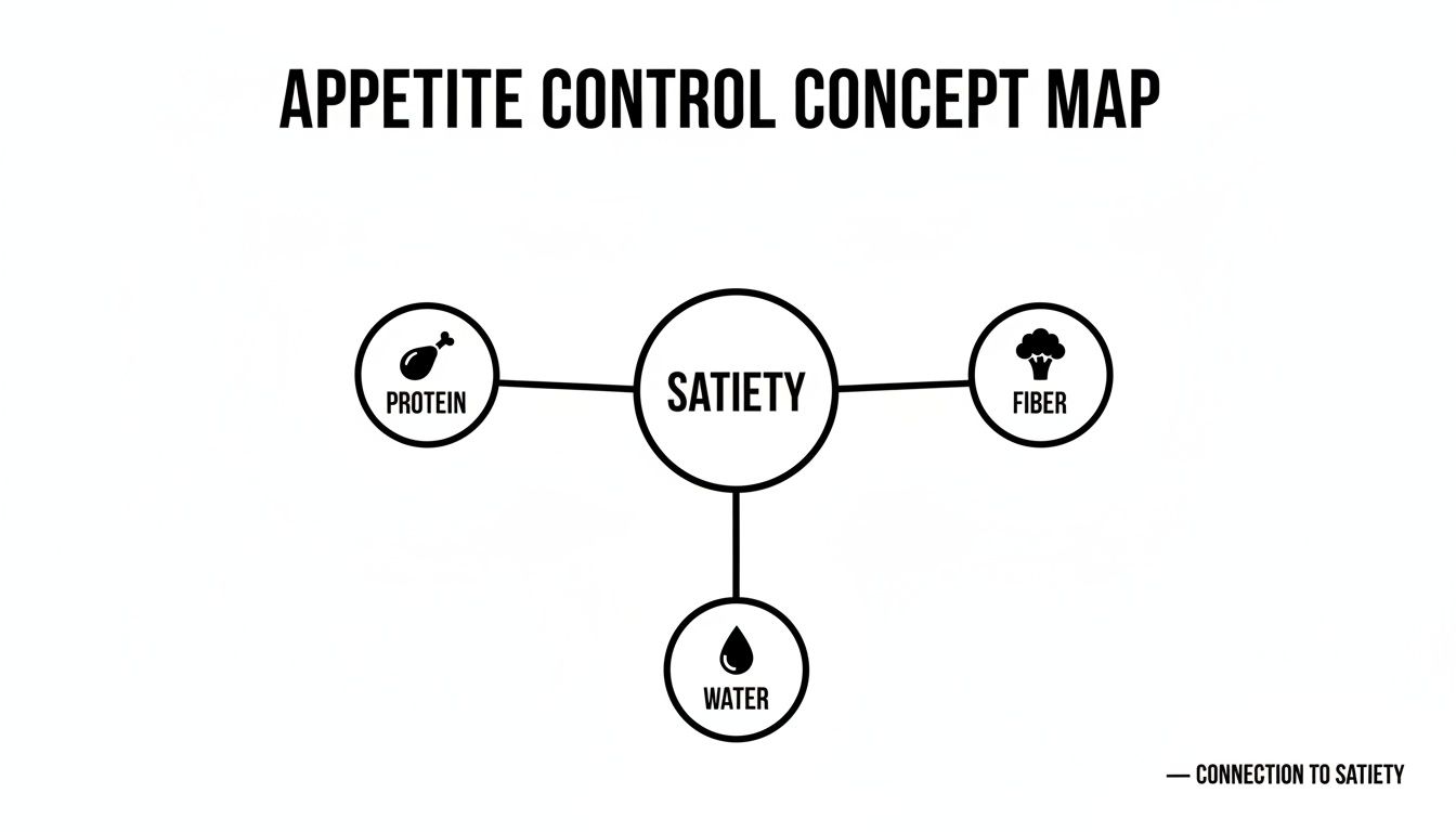 A concept map illustrating satiety and its connections to protein, fiber, and water for appetite control.