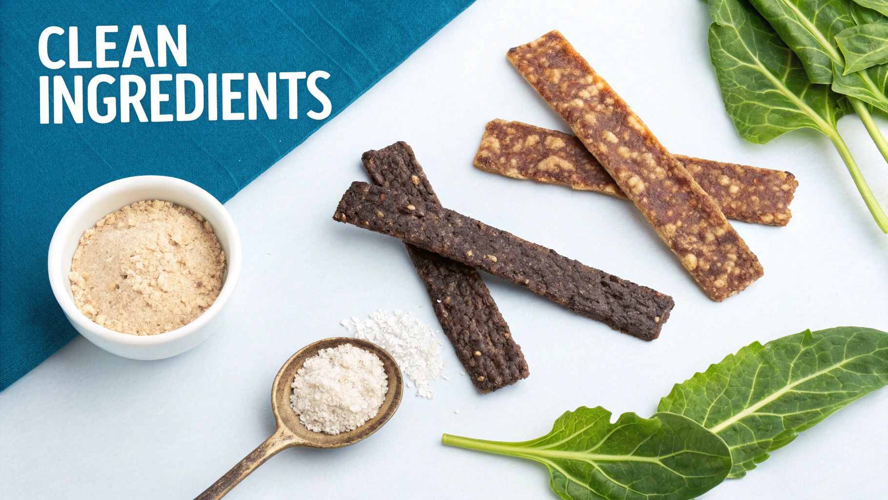 Variety of healthy snacks including jerky, protein powder, sea salt, and fresh green leaves, highlighting clean ingredients.