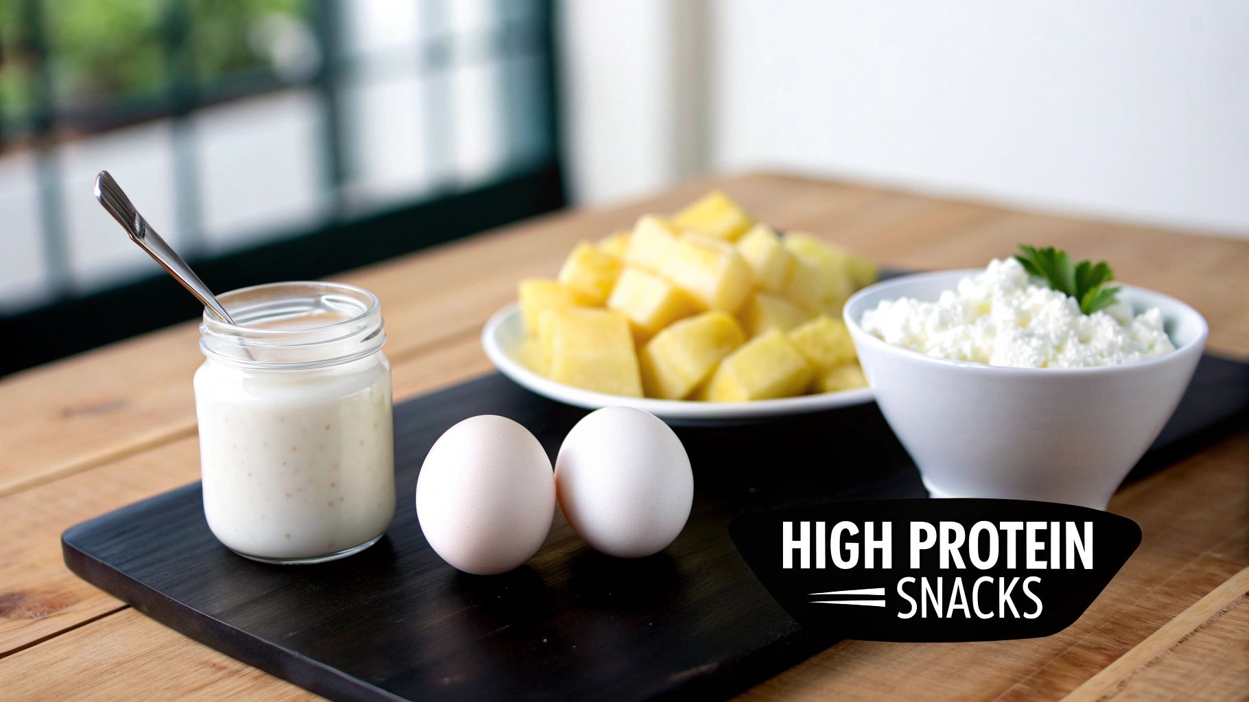 A selection of high-protein snacks: yogurt in a jar, two eggs, diced pineapple, and cottage cheese.