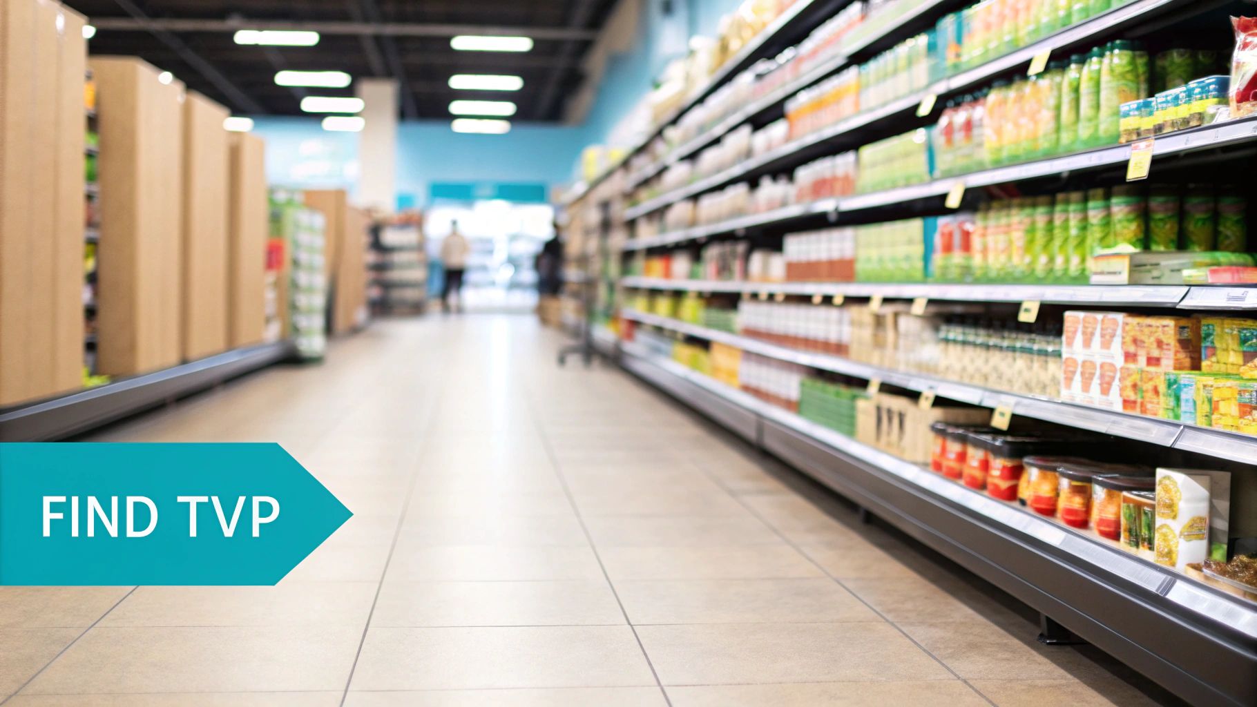 A person pushing a grocery cart down a well-lit supermarket aisle.
