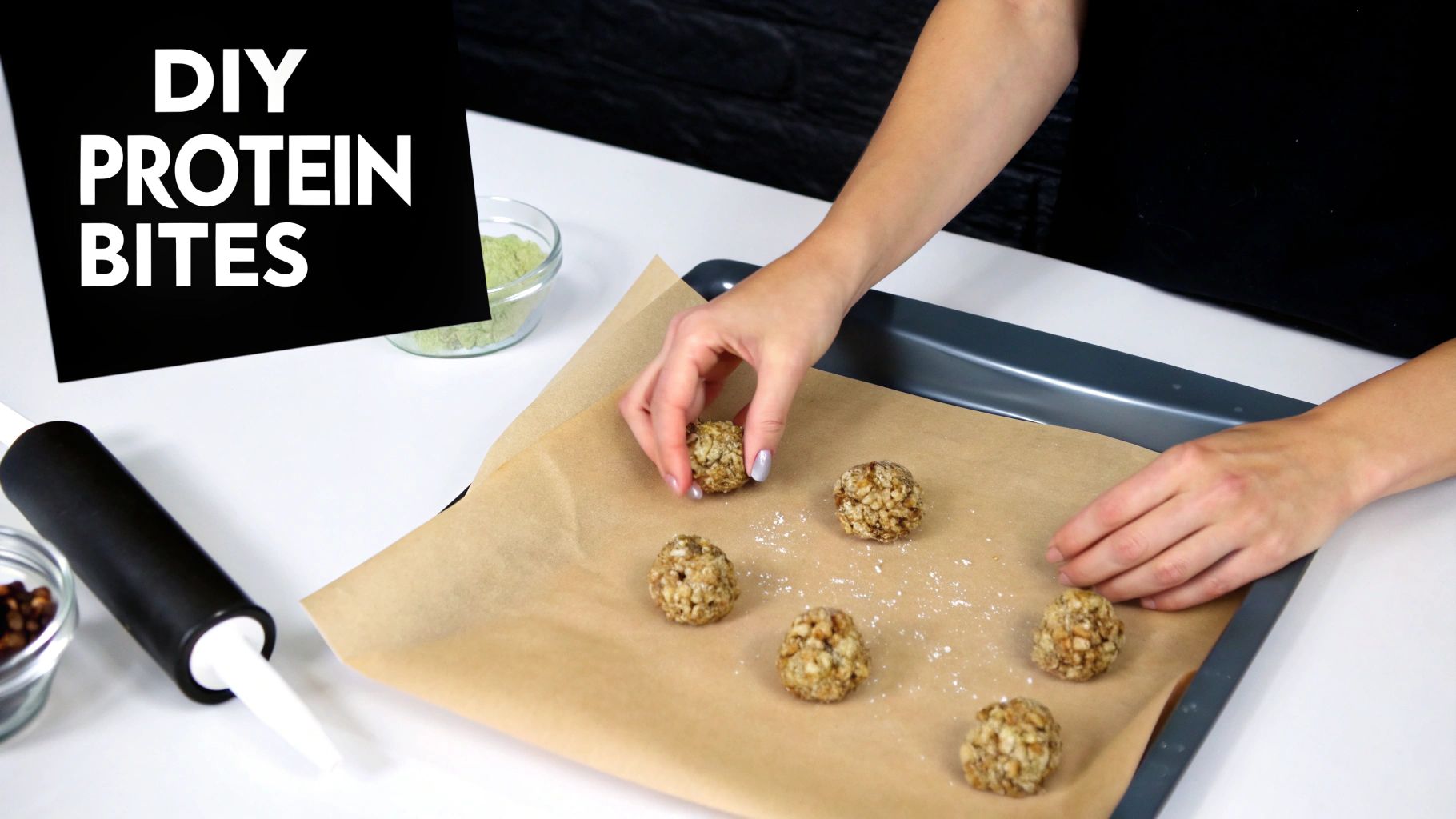 A person's hands placing homemade protein bites on parchment paper on a baking sheet.
