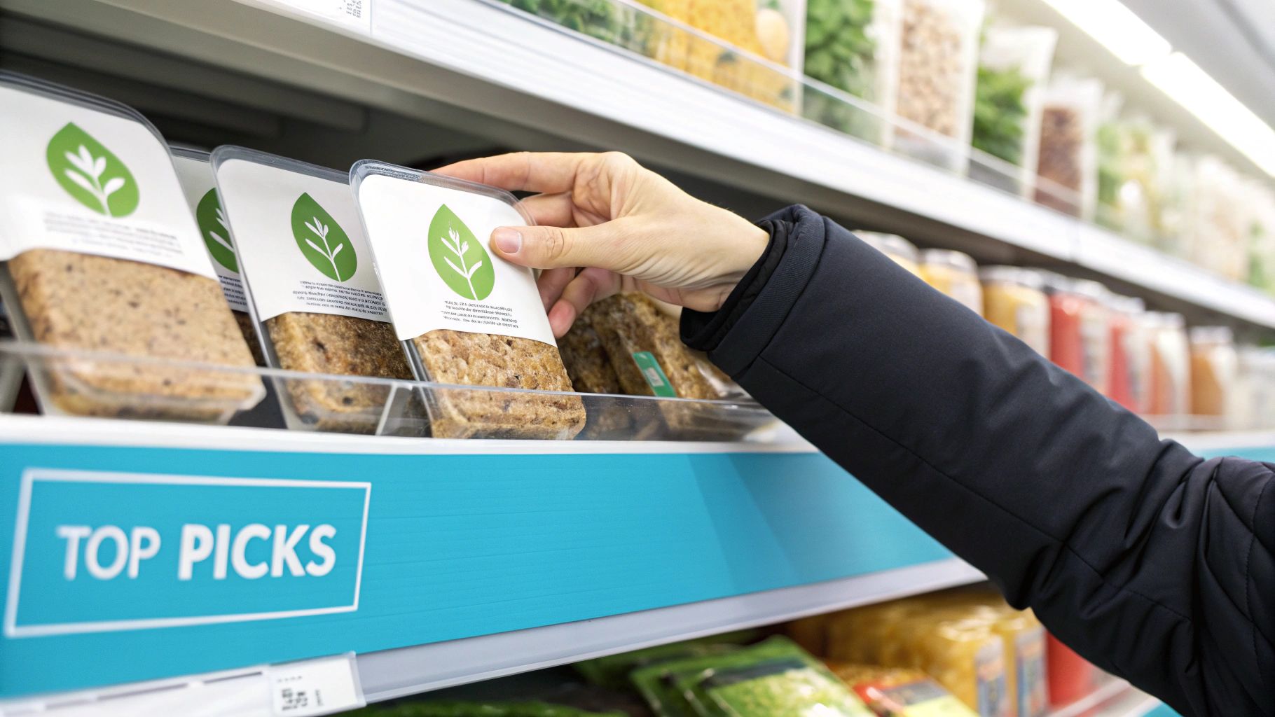 Hand selecting packaged plant-based food product with green leaf label from refrigerated store display