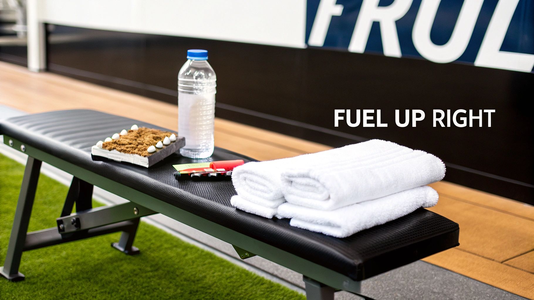 A protein bar, water bottle, and clean towels neatly arranged on a gym bench.
