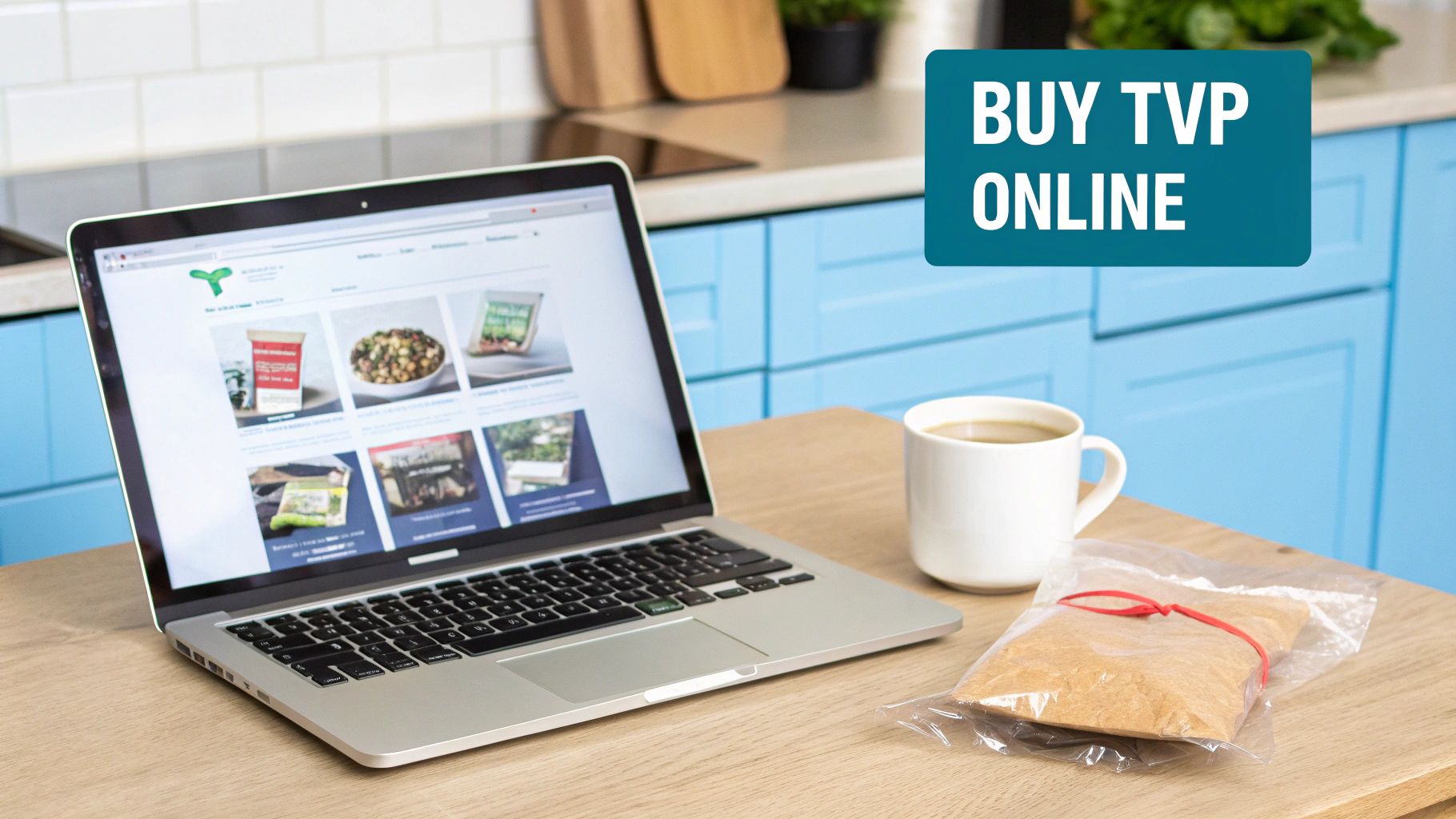 A laptop displaying an online store for TVP products, coffee, and a bag of TVP, encouraging online purchase.