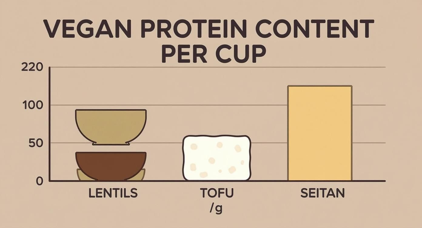 Infographic showing a horizontal bar chart of vegan protein sources with icons: Lentils, Tofu, and Seitan, displaying their protein content per cup in earth tones.