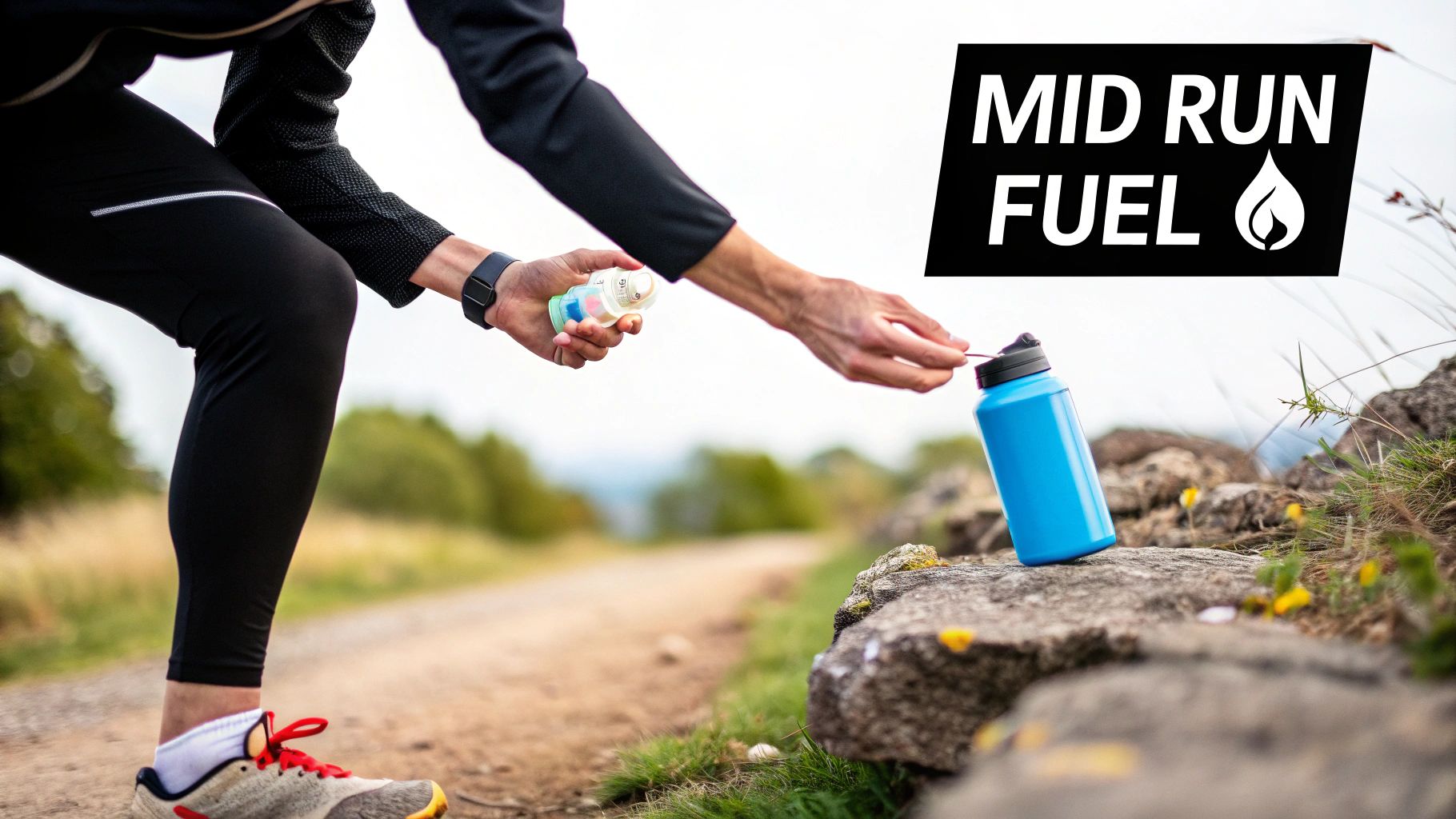 A runner on a trail pauses to grab a blue water bottle and a mid-run fuel bottle.
