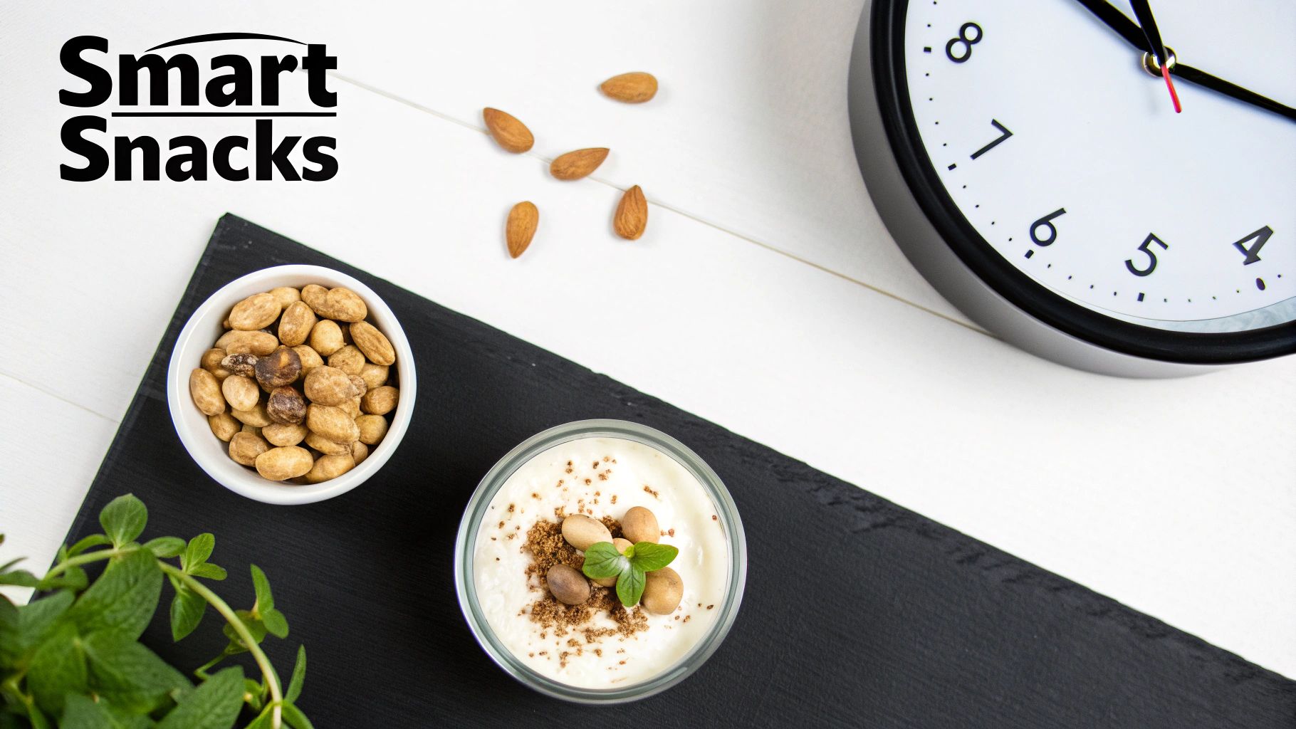 Smart Snacks logo with a bowl of nuts, yogurt, almonds, and a clock on a table.
