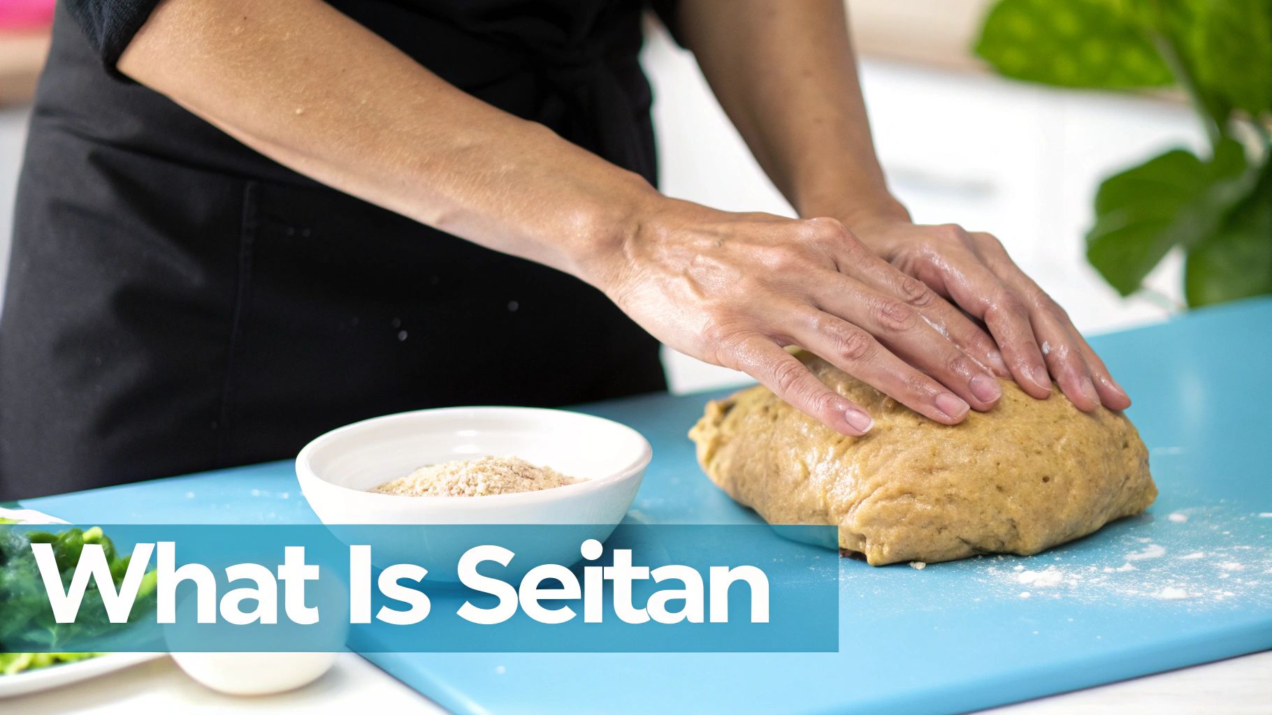 Close-up of cooked seitan with a fork, showing its texture.