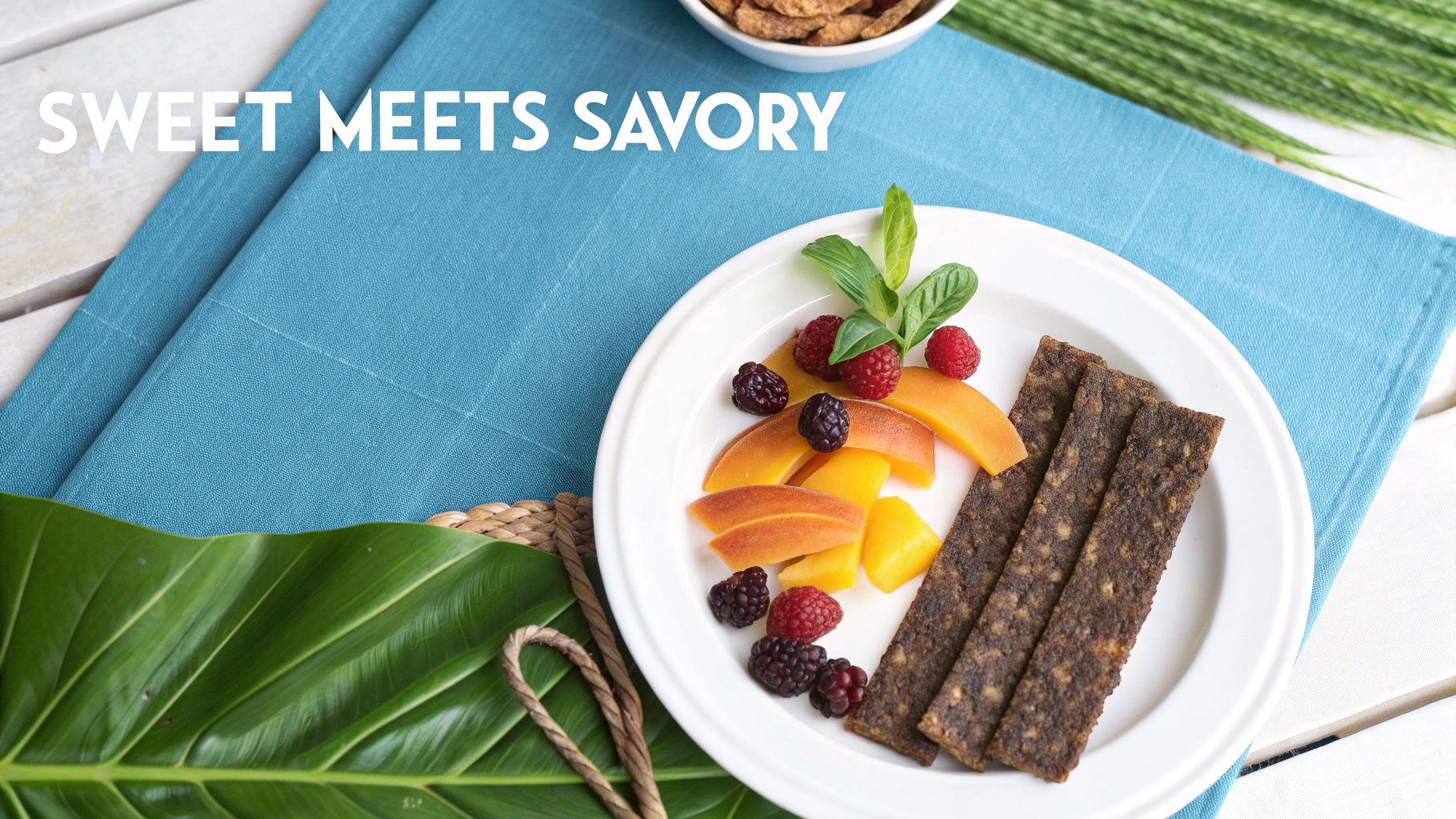 A plate of healthy snacks with fruit slices, fresh berries, and savory bars on a blue placemat.
