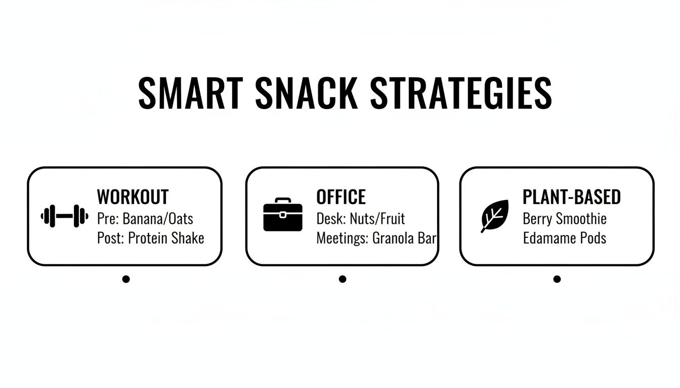 Infographic displaying smart snack strategies for workout, office, and plant-based diets with examples.
