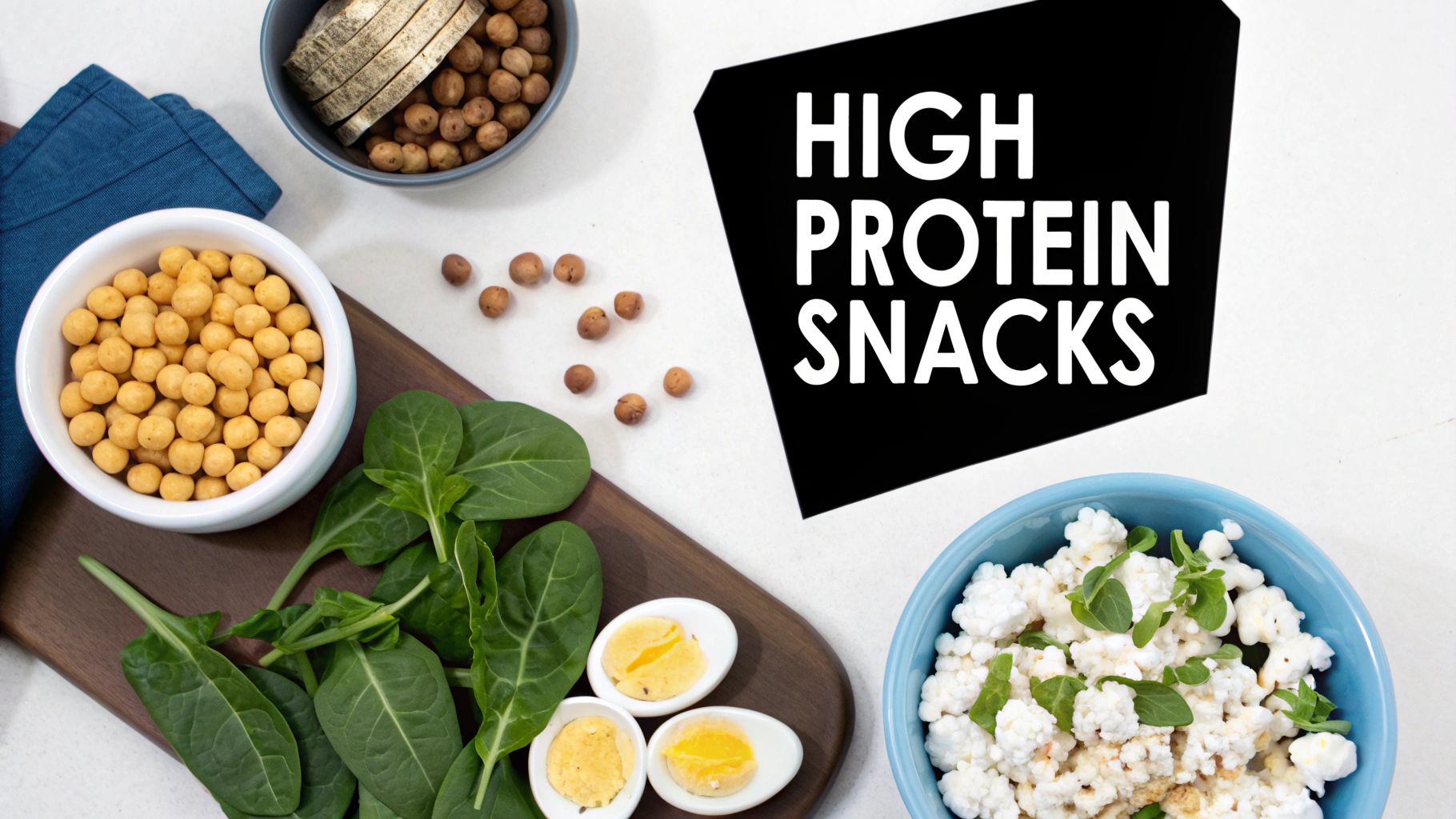 A variety of high protein low fat snacks like Greek yogurt, edamame, and jerky arranged neatly.