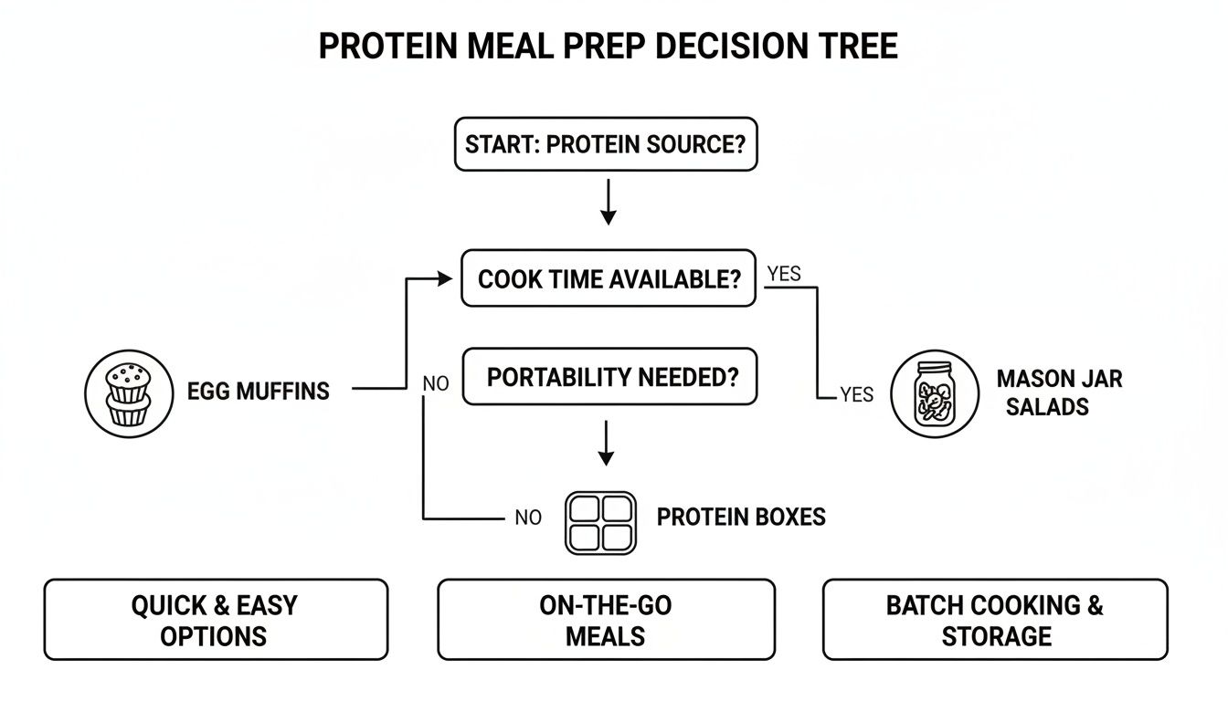 Protein meal prep decision tree flowchart guiding choices for quick, on-the-go, or batch cooking meals.