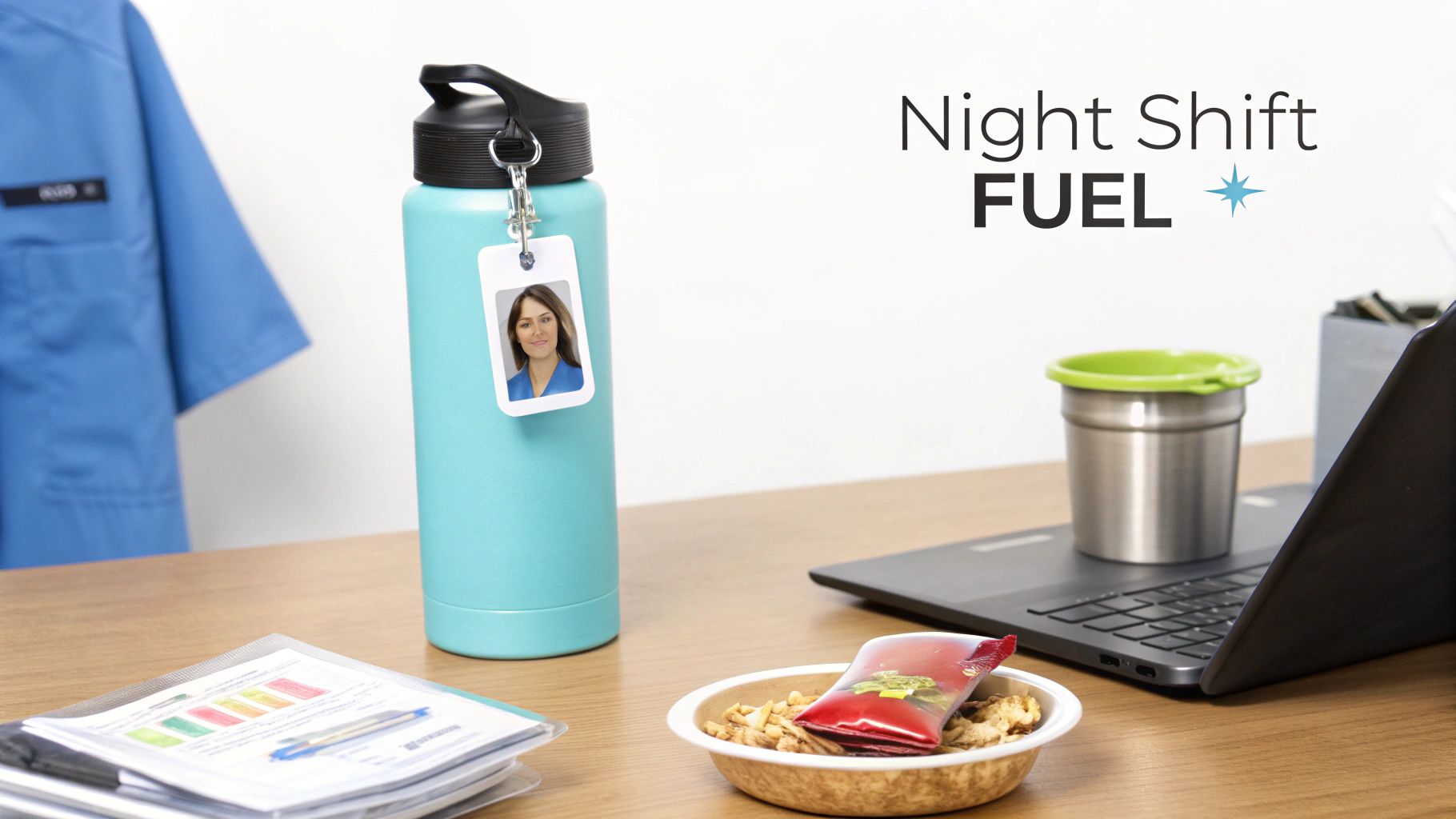 A night shift nurse's desk with a water bottle, ID, scrubs, snacks, and laptop.