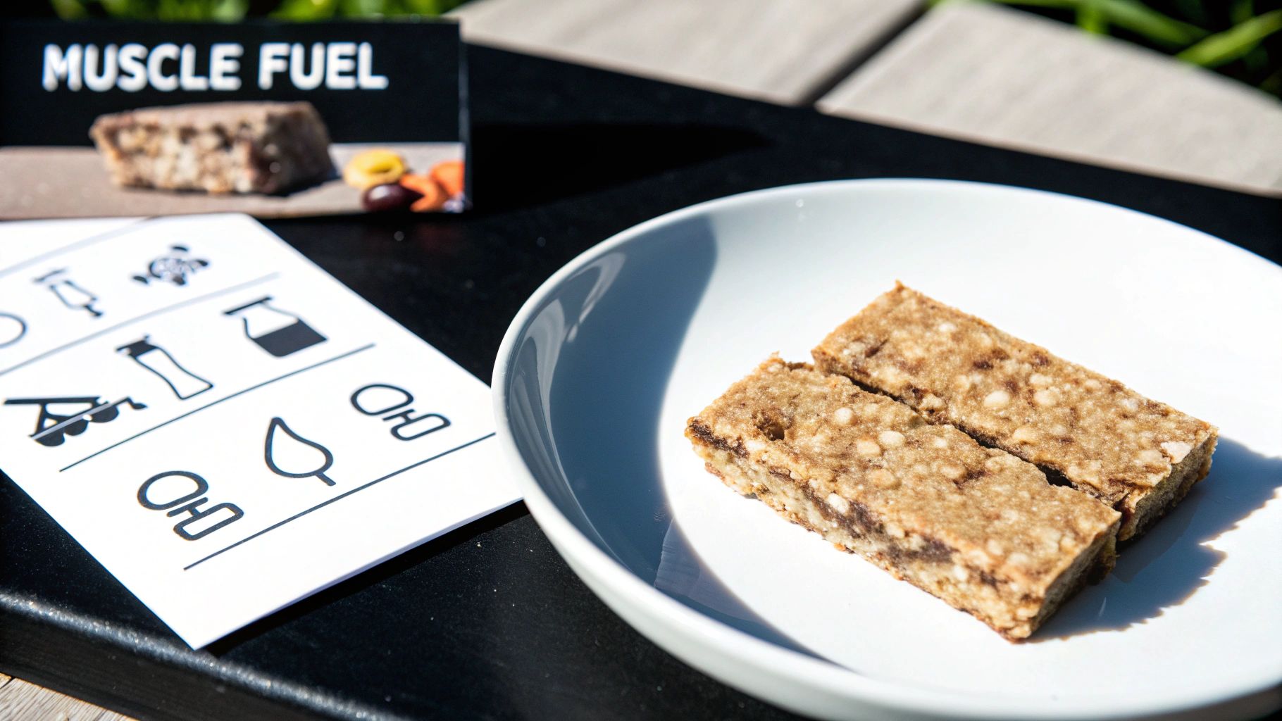 Two rectangular protein bars on a white plate, with a 'MUSCLE FUEL' sign in the background.