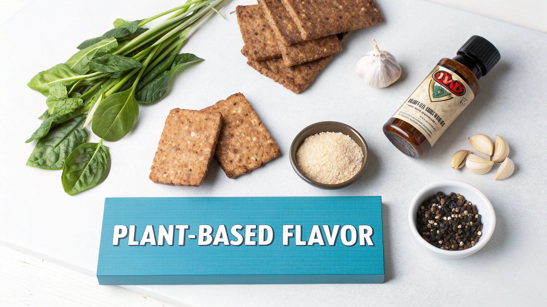 A flat lay of fresh spinach, crackers, garlic, spices, and a seasoning bottle with "PLANT-BASED FLAVOR" text.
