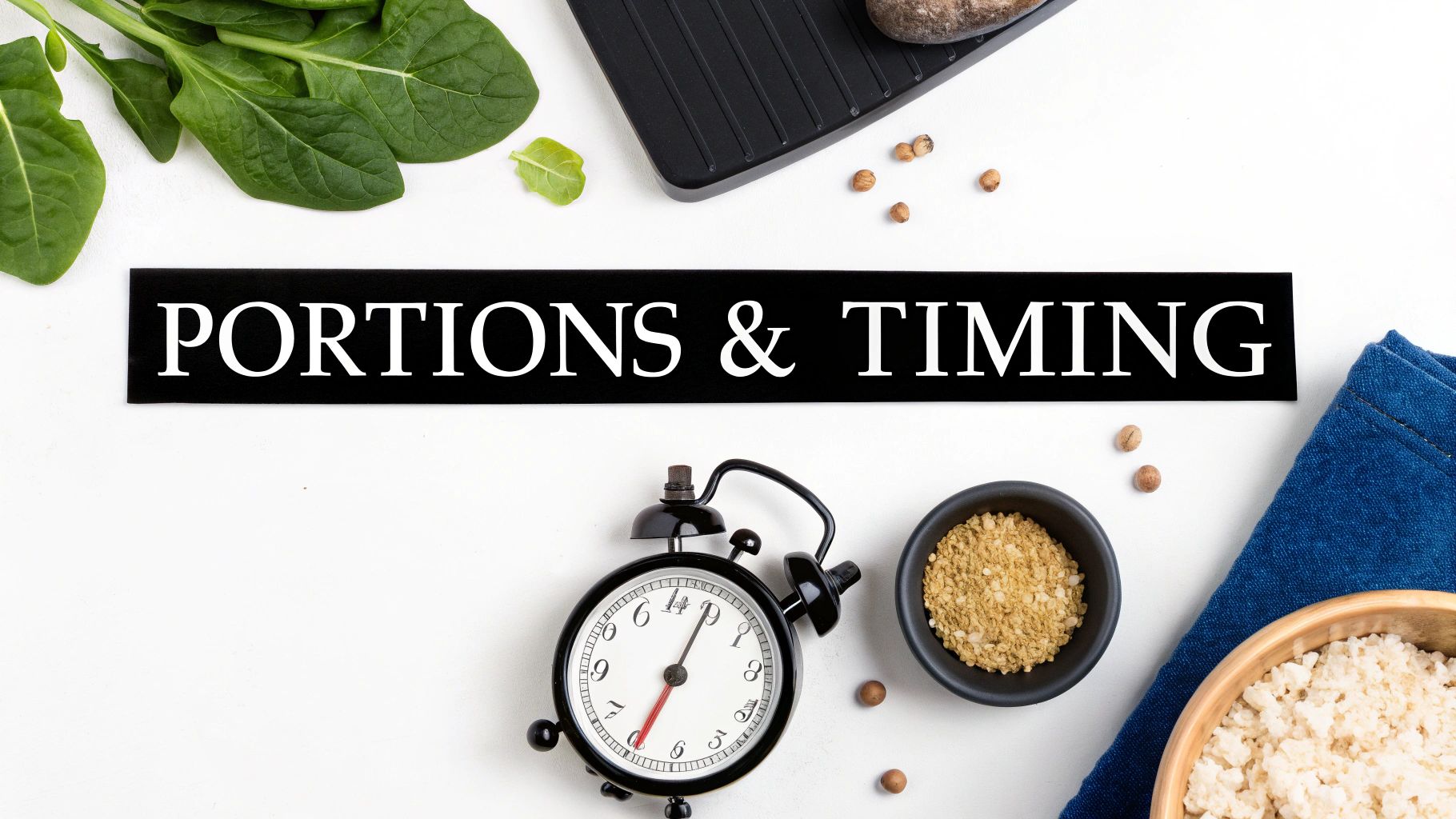 A flat lay showing spinach, oats, and an alarm clock with text 'PORTIONS & TIMING' on a white background, symbolizing diet and meal planning.