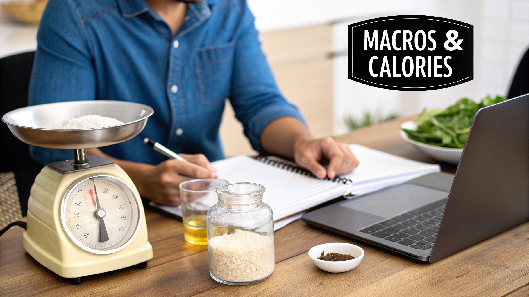 A person uses a kitchen scale to weigh ingredients while writing notes, tracking macros and calories.