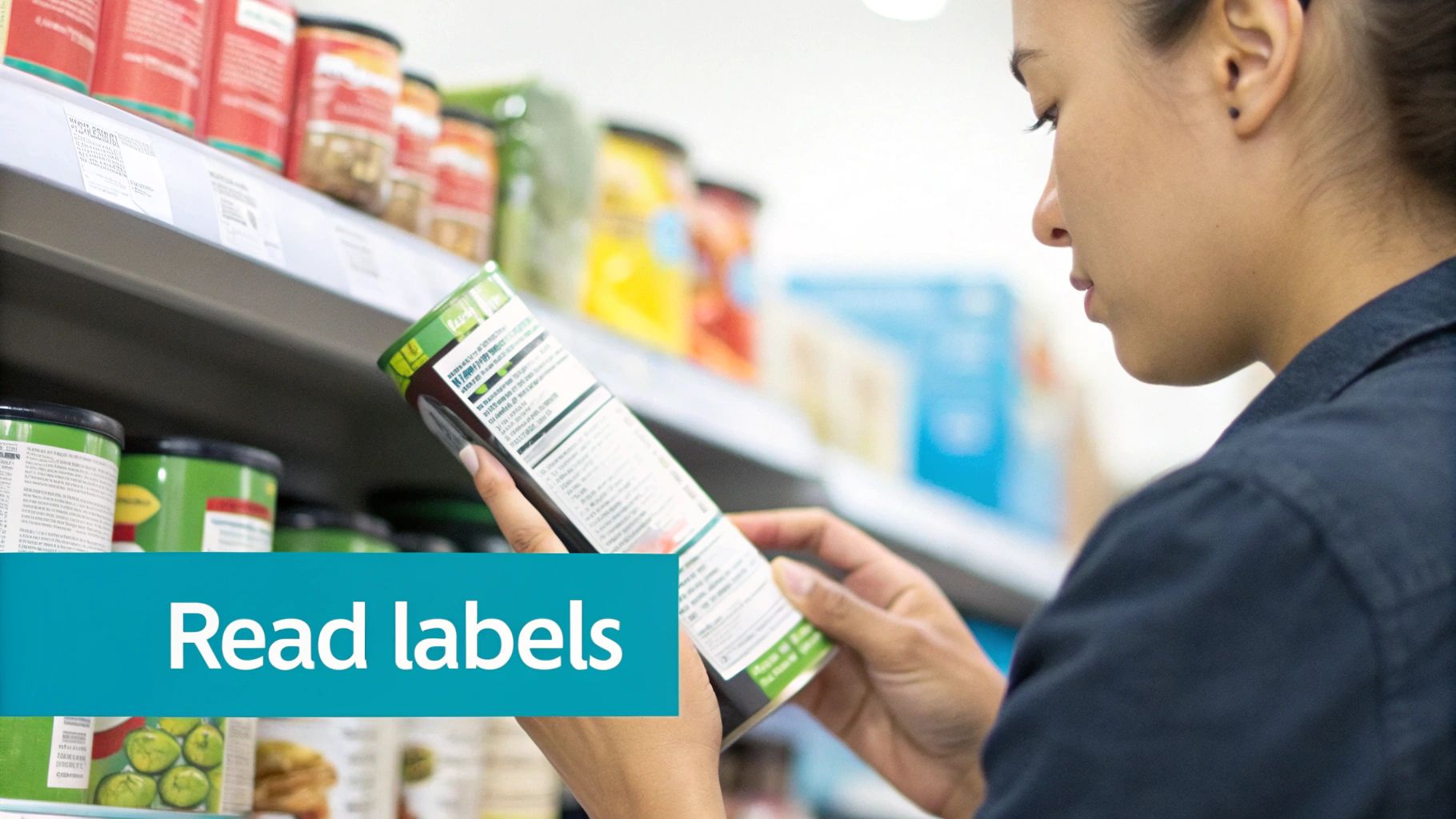 A person closely examining the nutrition label on a food product.