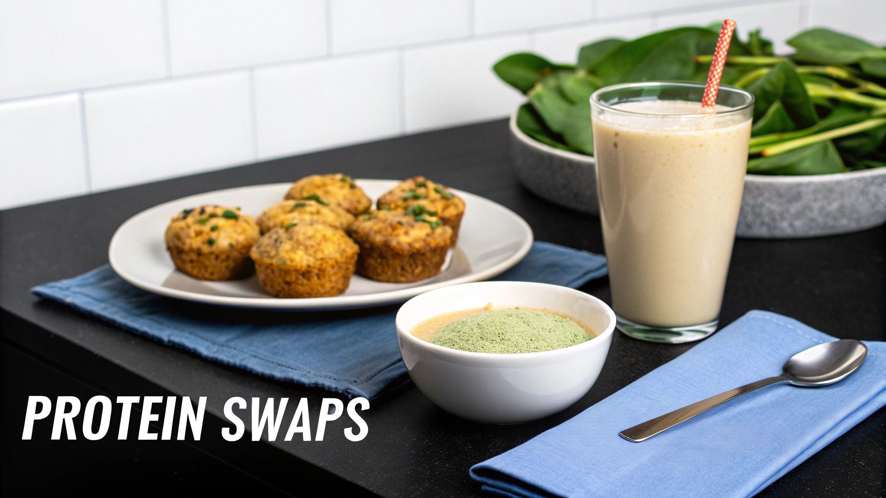 A table displays protein swaps including savory egg muffins, a smoothie, green powder, and fresh spinach.
