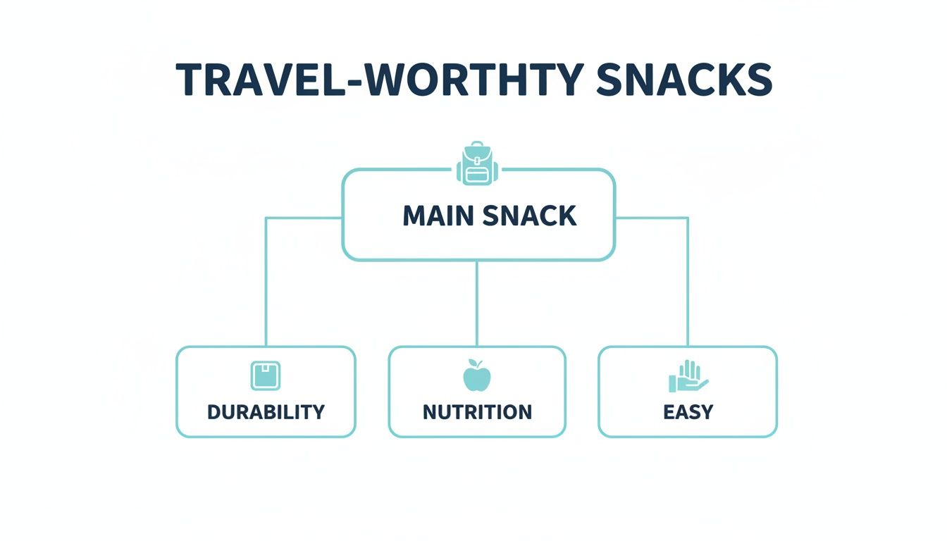 A flowchart titled 'TRAVEL-WORTHY SNACKS' illustrating main snack criteria: durability, nutrition, and ease of consumption.