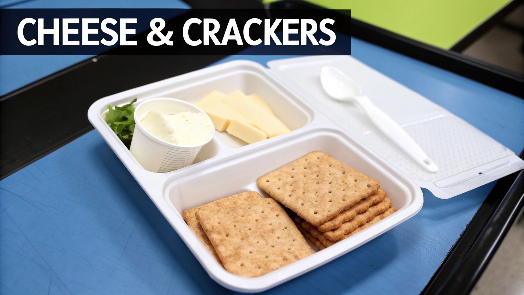 A school lunch tray containing cheese slices, crackers, a small cup of dip, and green lettuce.