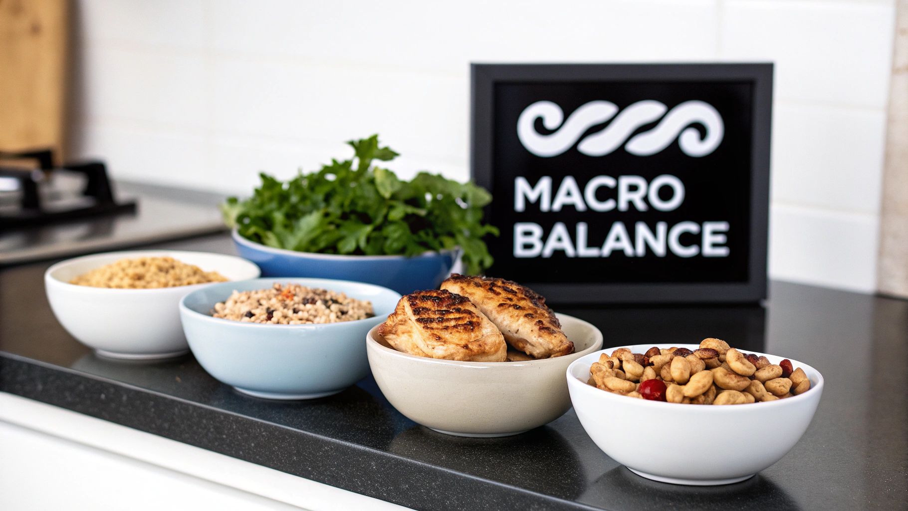 A selection of healthy foods, including grains, grilled chicken, nuts, and fresh greens, on a kitchen counter.