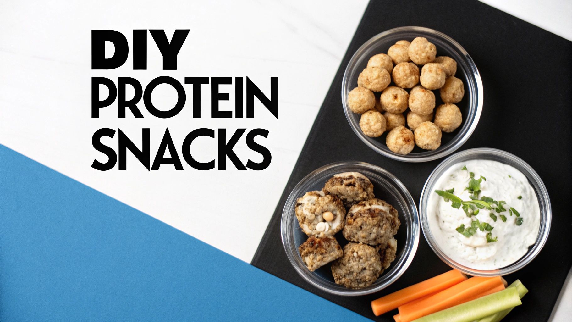 DIY protein snacks including energy balls, protein bites, dip with vegetables on black tray
