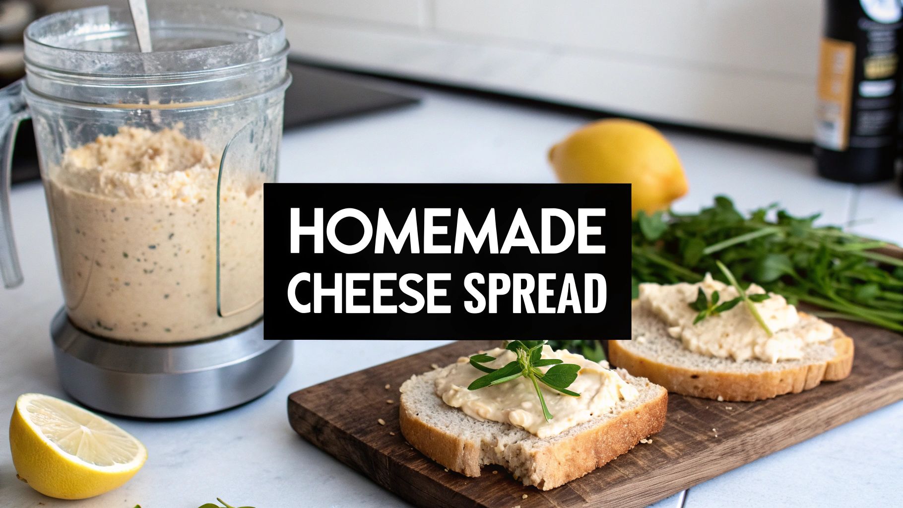 Homemade cheese spread blended in a food processor, served on bread with herbs and lemon.