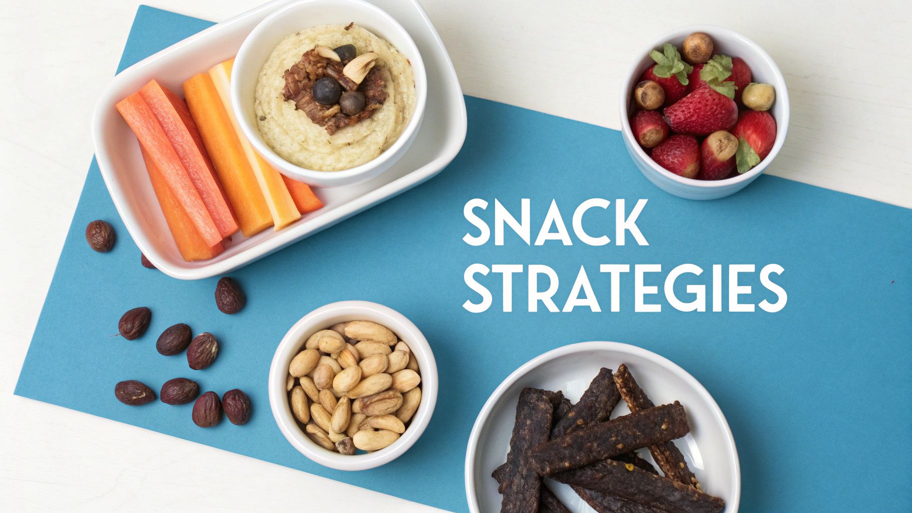 A colorful flat lay showcasing various healthy snacks like vegetables, hummus, strawberries, nuts, and jerky.