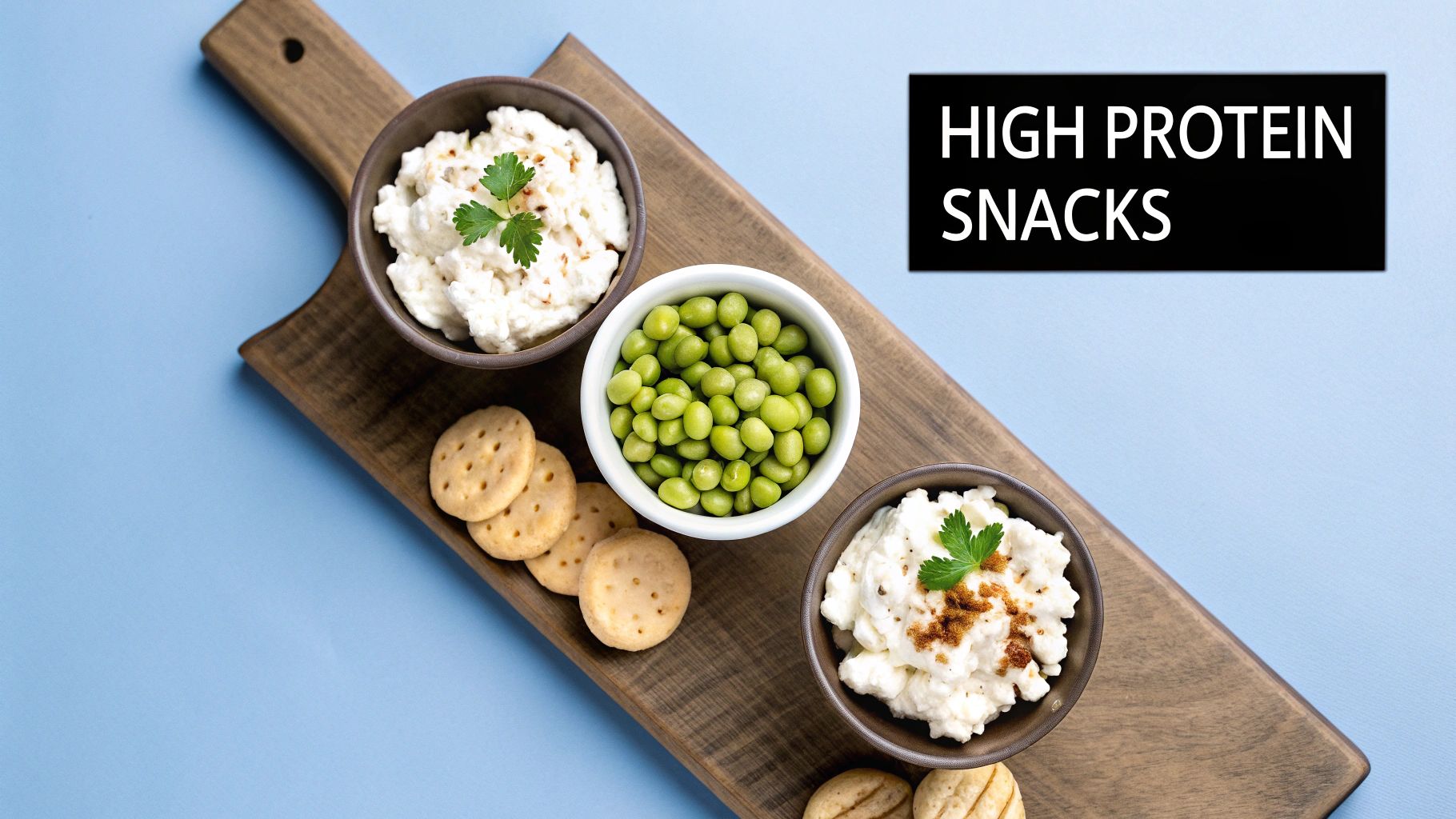 Several high-protein savory snack ideas arranged on a wooden board, including seasoned edamame, roasted chickpeas, and cheese sticks.