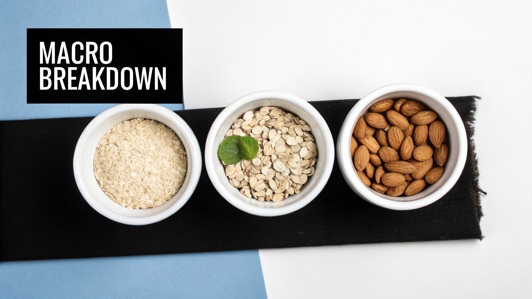 Overhead view of three white bowls with oats, cereal flakes, and almonds, with 'MACRO BREAKDOWN' text.