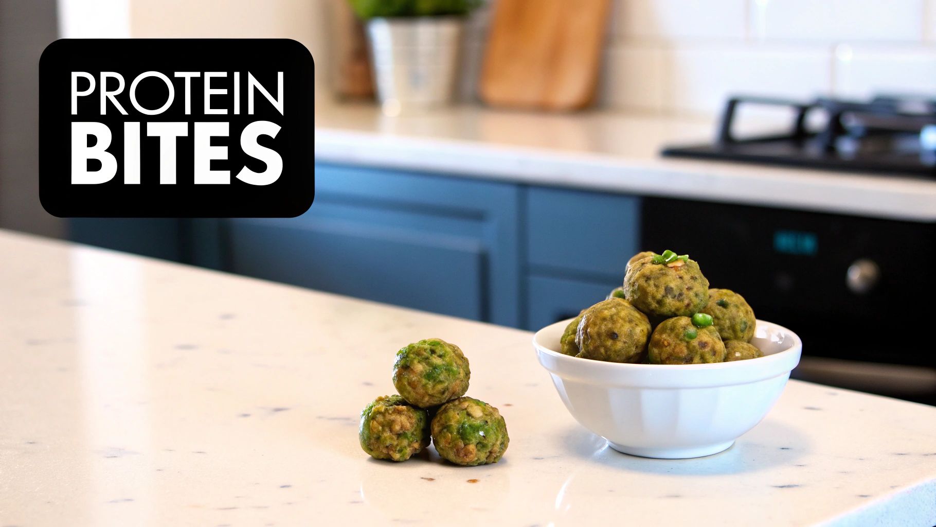 A white bowl and a small stack of green protein bites on a kitchen counter.