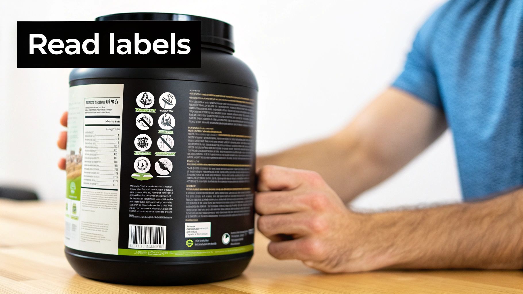 A person's hands hold a large black protein supplement container with visible nutritional and informational labels, promoting reading them.