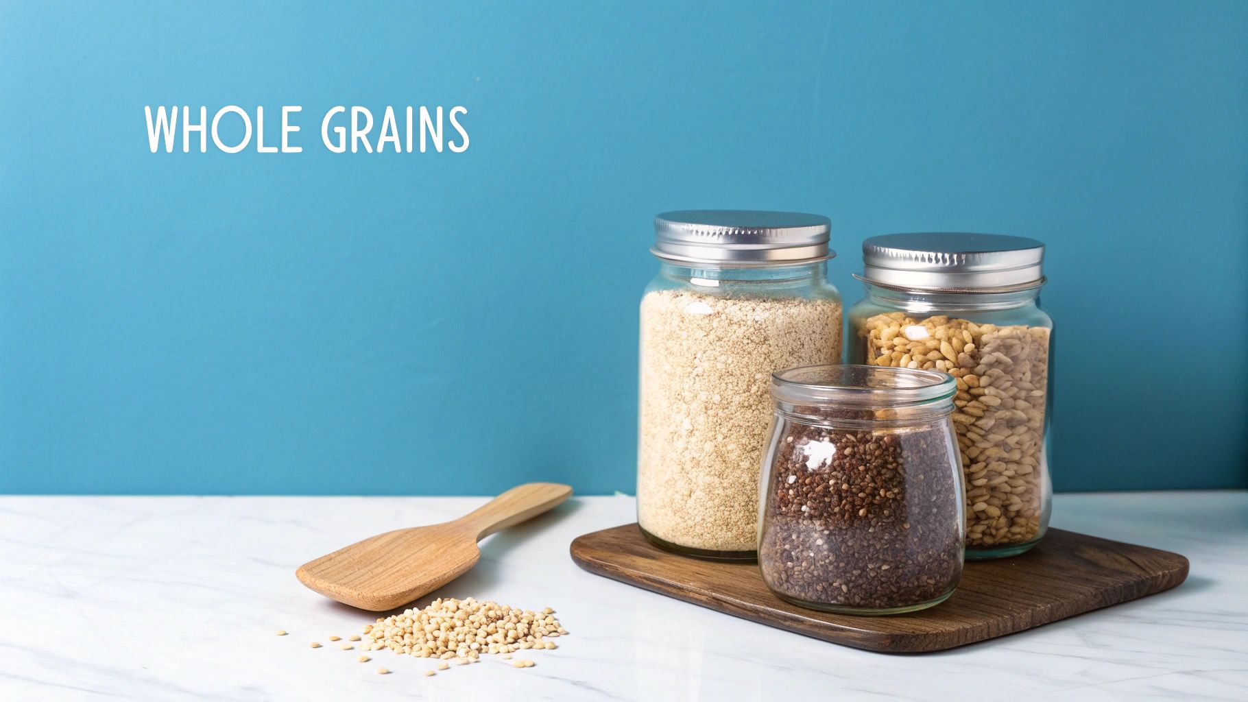 Three glass jars filled with various whole grains, a wooden spatula, and spilled grains on a marble counter against a blue wall.