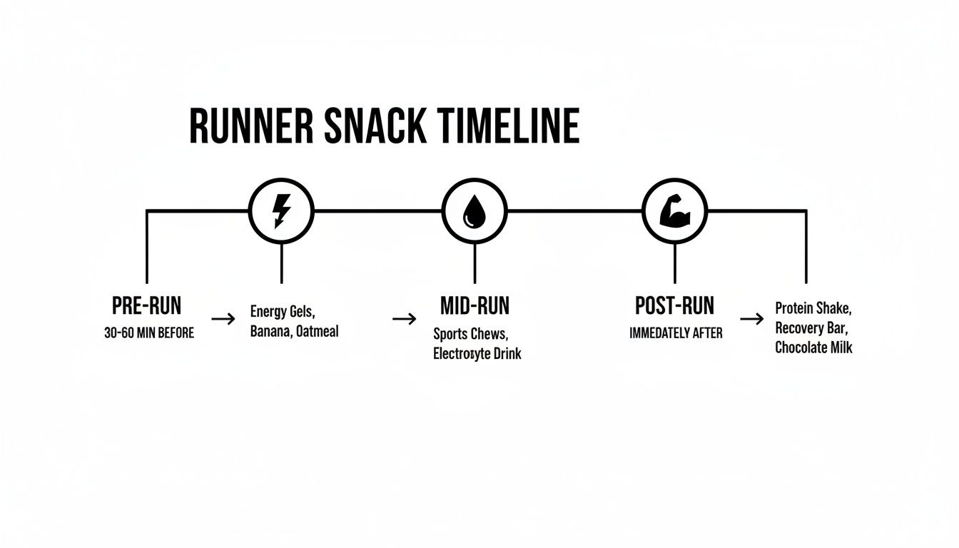 A runner snack timeline illustrating food and drink recommendations before, during, and after a run.