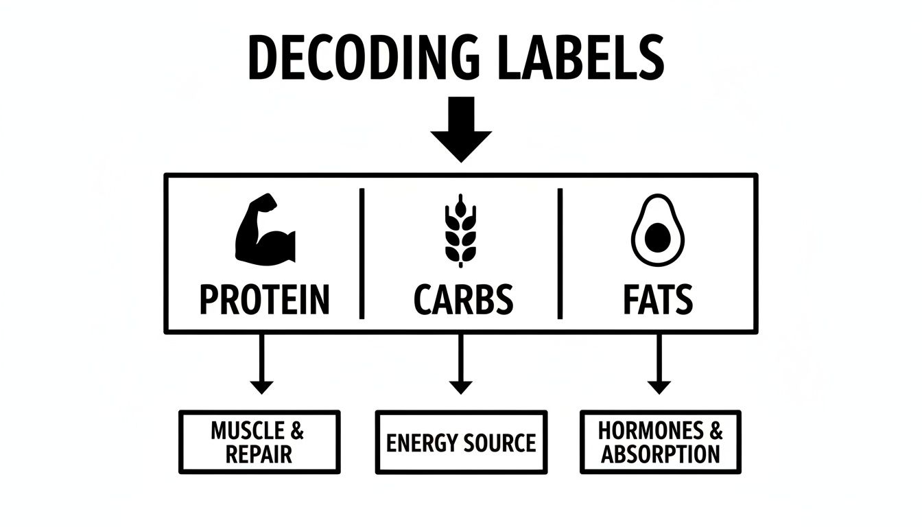 A black and white diagram decoding food labels, showing protein for muscle, carbs for energy, and fats for hormones and absorption.